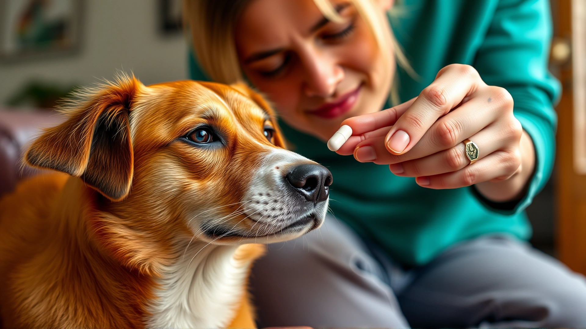Dog owner gently giving a small pill to a calm medium-sized dog in a cozy home environment.