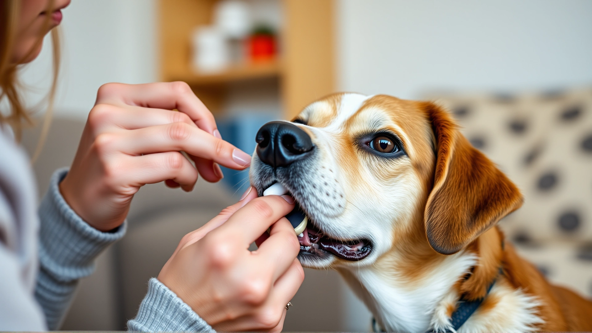 Close-up of a woman gently giving a pill to a medium-sized dog at home, using her hand to open the dog’s mouth, warm domestic setting