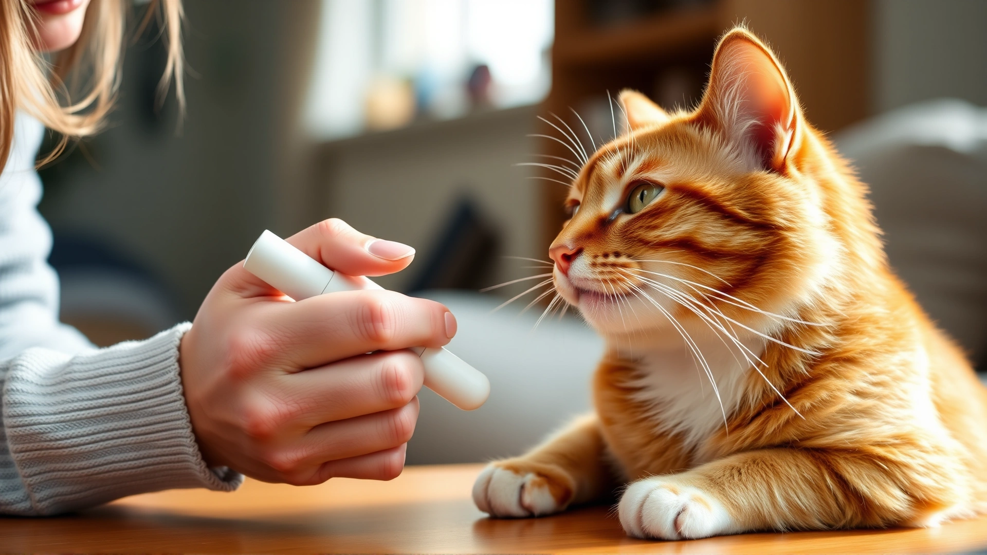 Cat owner gently giving a pill to a ginger cat at home, using a pill popper, warm natural light.