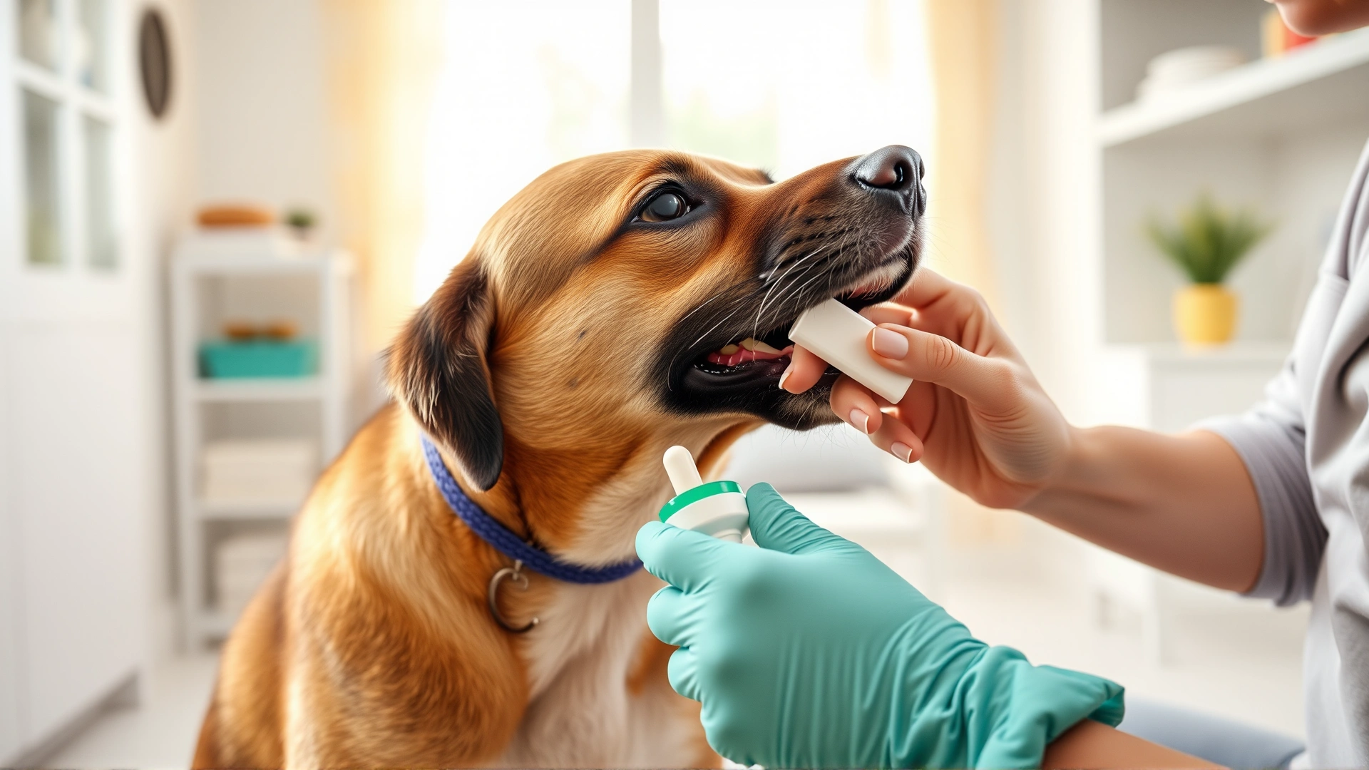 Pet owner giving a pill to a medium-sized dog using a pill dispenser tool, bright home environment