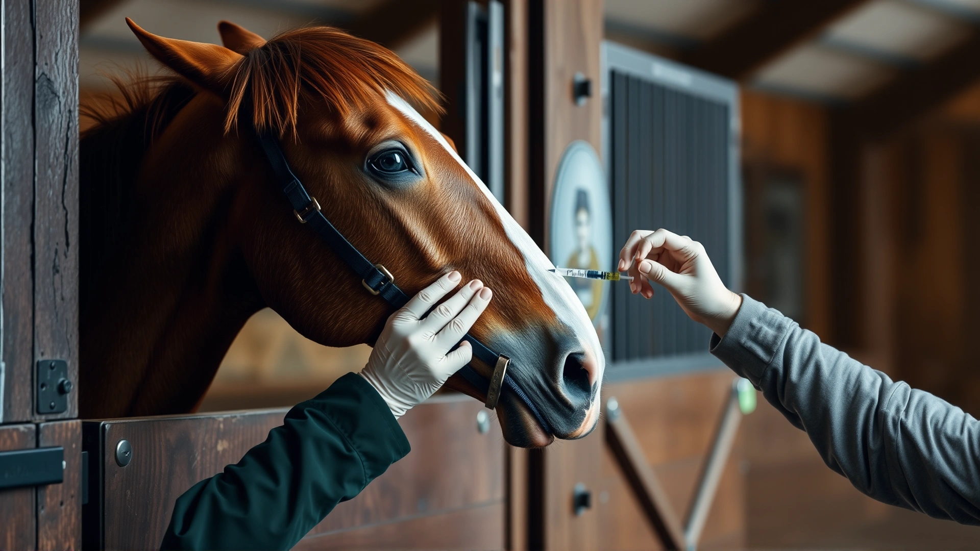 Action shot of a mindful horse owner giving oral paste to a chestnut horse, with the syringe visible, stable interior