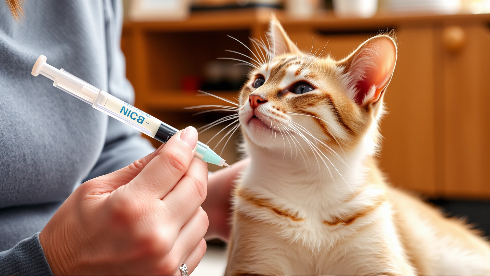 Pet owner gently giving liquid medication to a relaxed domestic short-haired cat at home using an oral syringe.