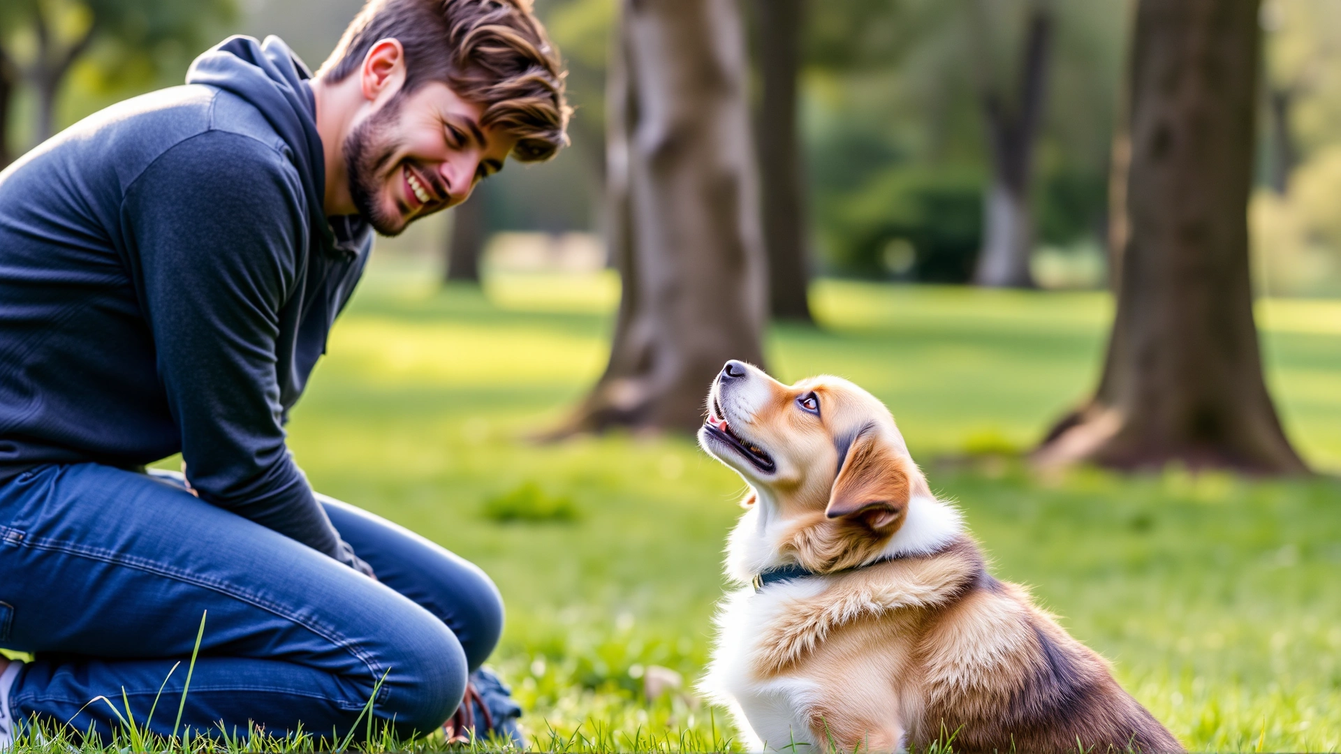 Cheerful dog owner kneeling in a park, making eye contact with their dog who looks up with the classic puppy eyes expression; green grass and soft sunlight, no text.