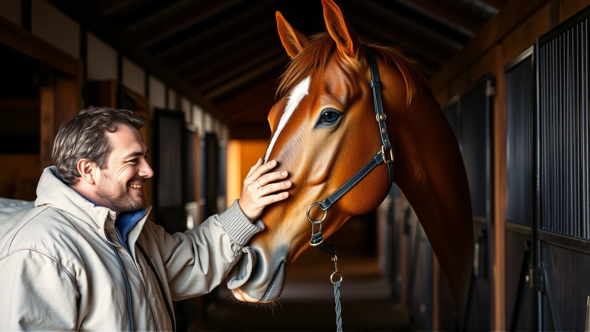 Smiling horse owner gently stroking the neck of a chestnut horse wearing a light blanket in a cozy stable aisle, warm ambient light, realistic photography