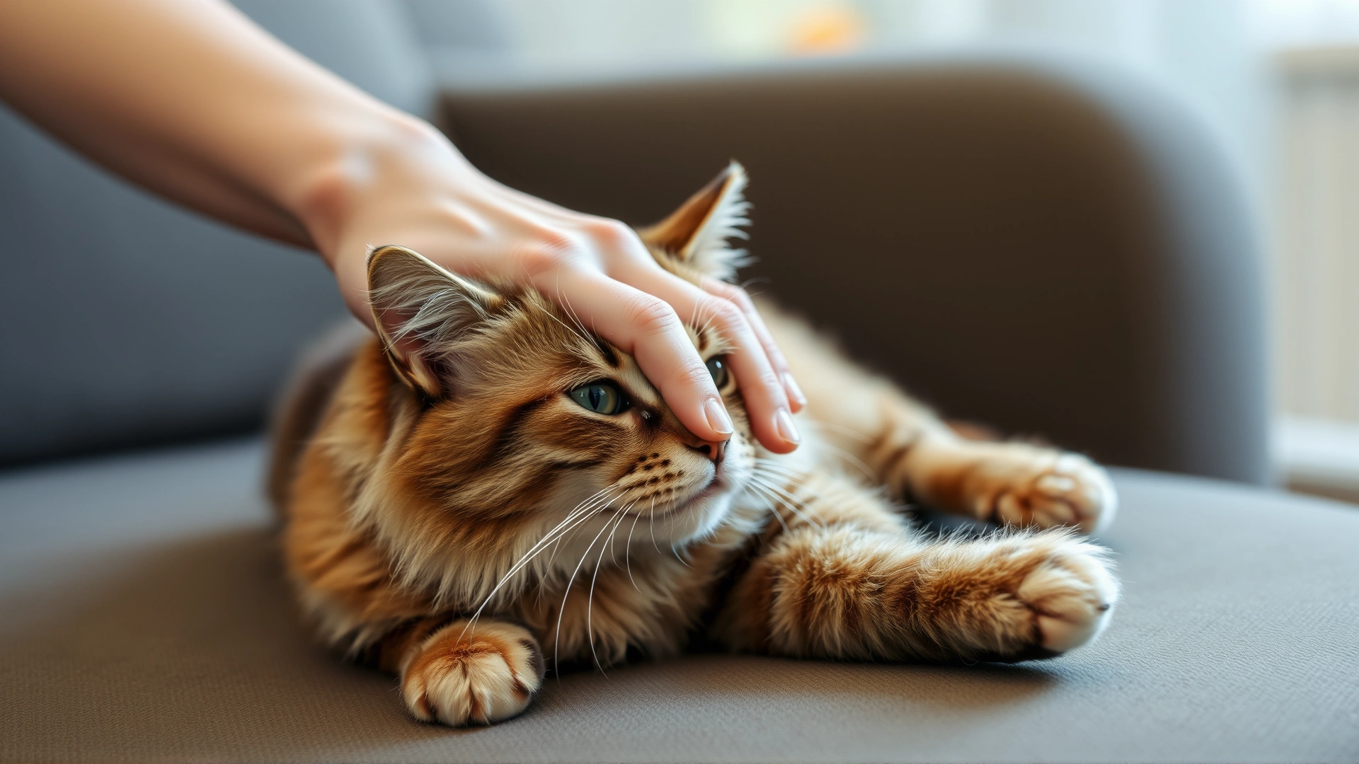 Pet owner gently stroking a cat lying on the couch, creating a nurturing atmosphere