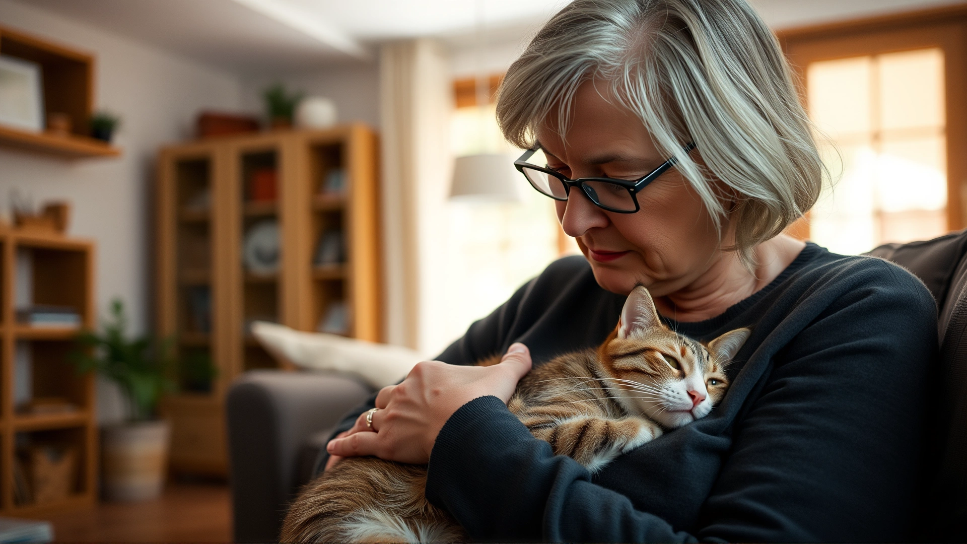 Middle-aged woman gently cradling her senior cat against her chest in a softly lit living room, showcasing emotional connection.