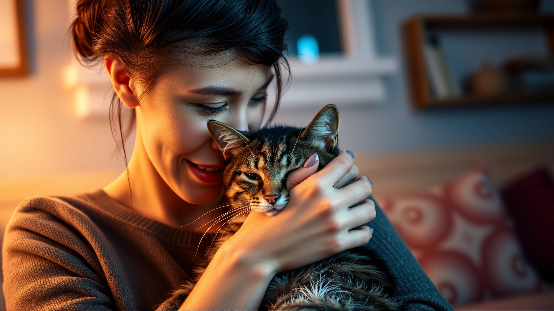 Young woman gently holding and comforting her tabby cat at home, warm ambient lighting