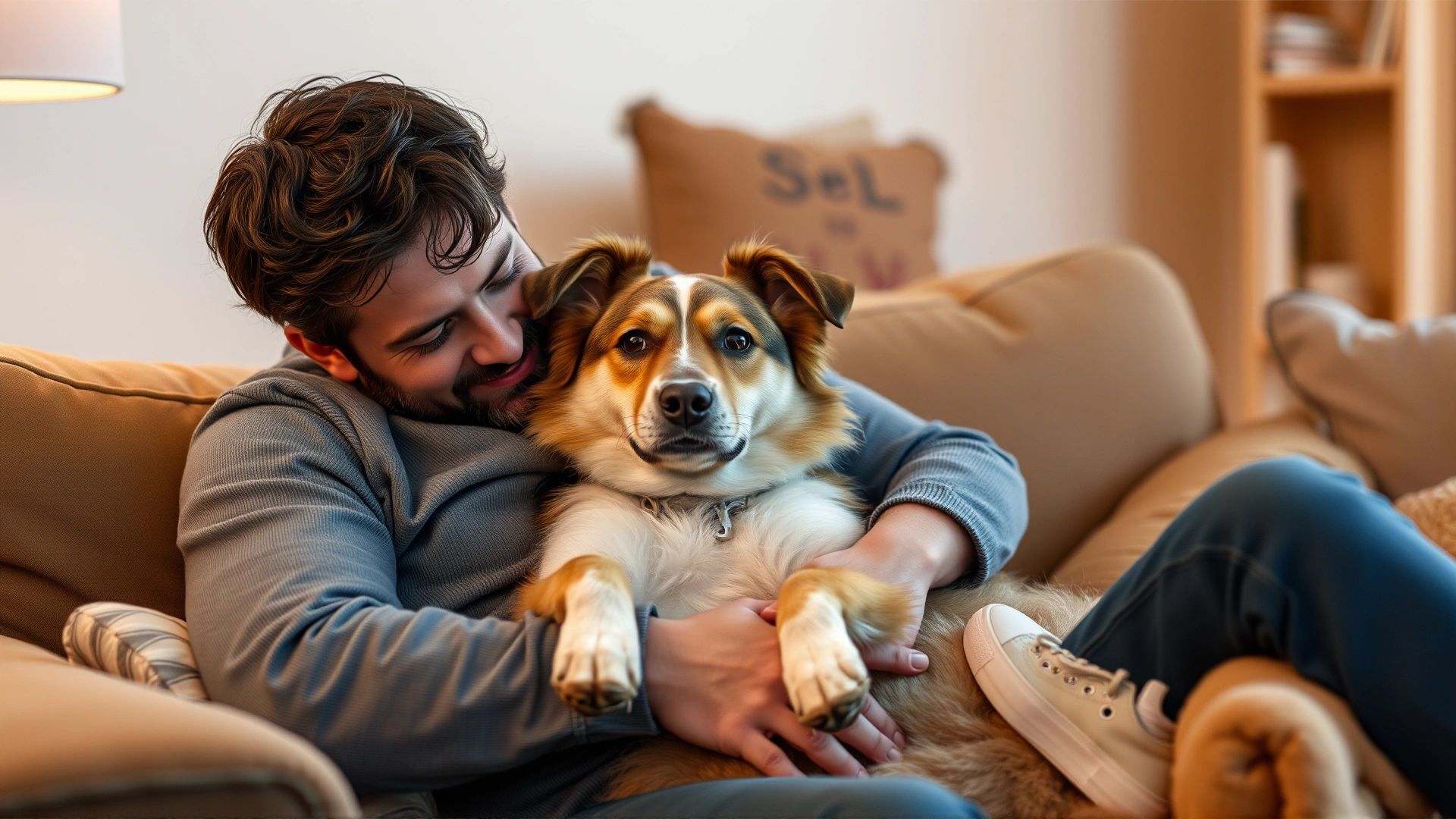 Dog owner cuddling affectionately with their special-needs dog on a cozy living room couch, warm ambient lighting