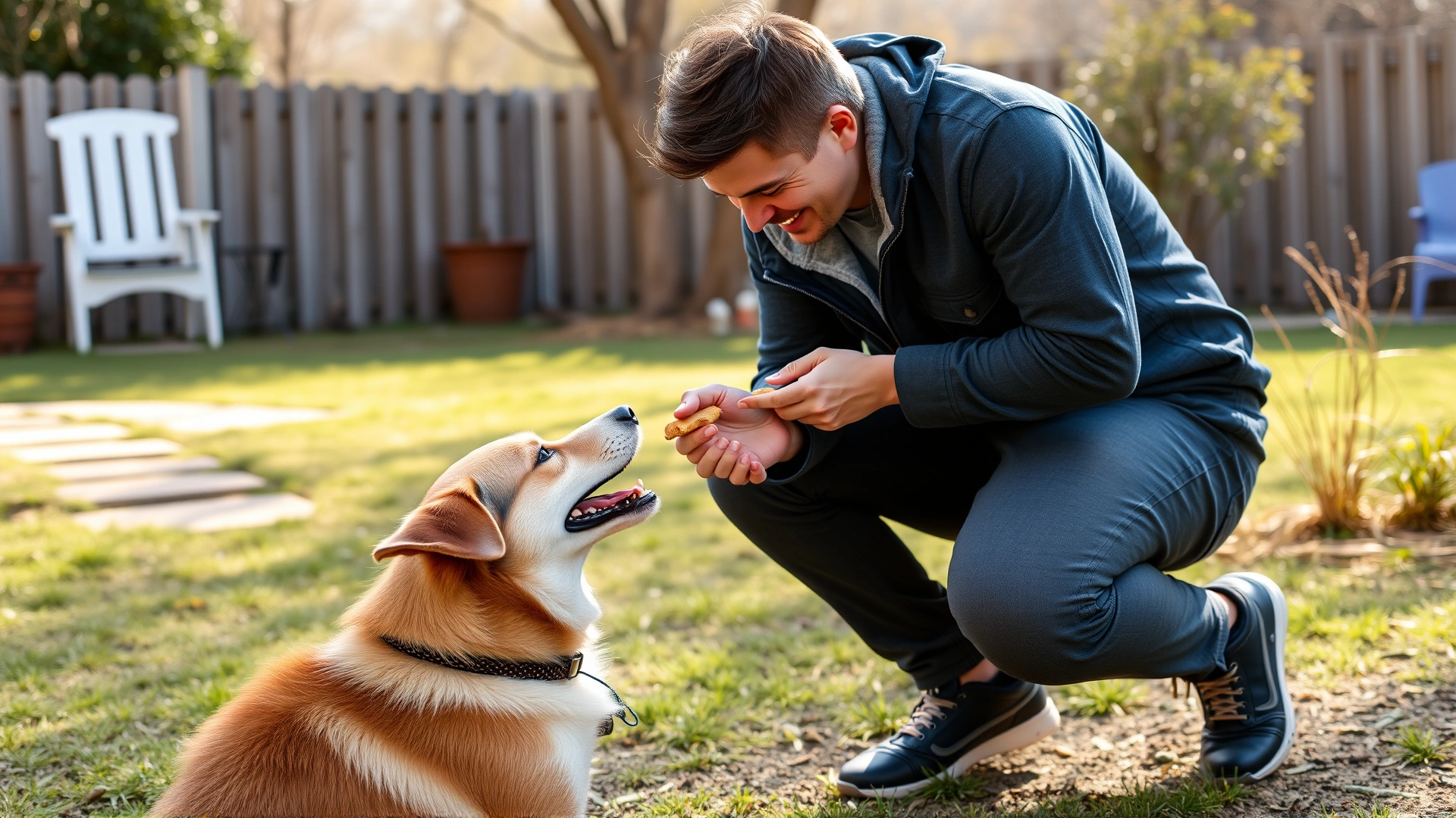 Dog owner crouching to hand-feed a treat to a smiling dog during training in a sunny backyard, bonding moment