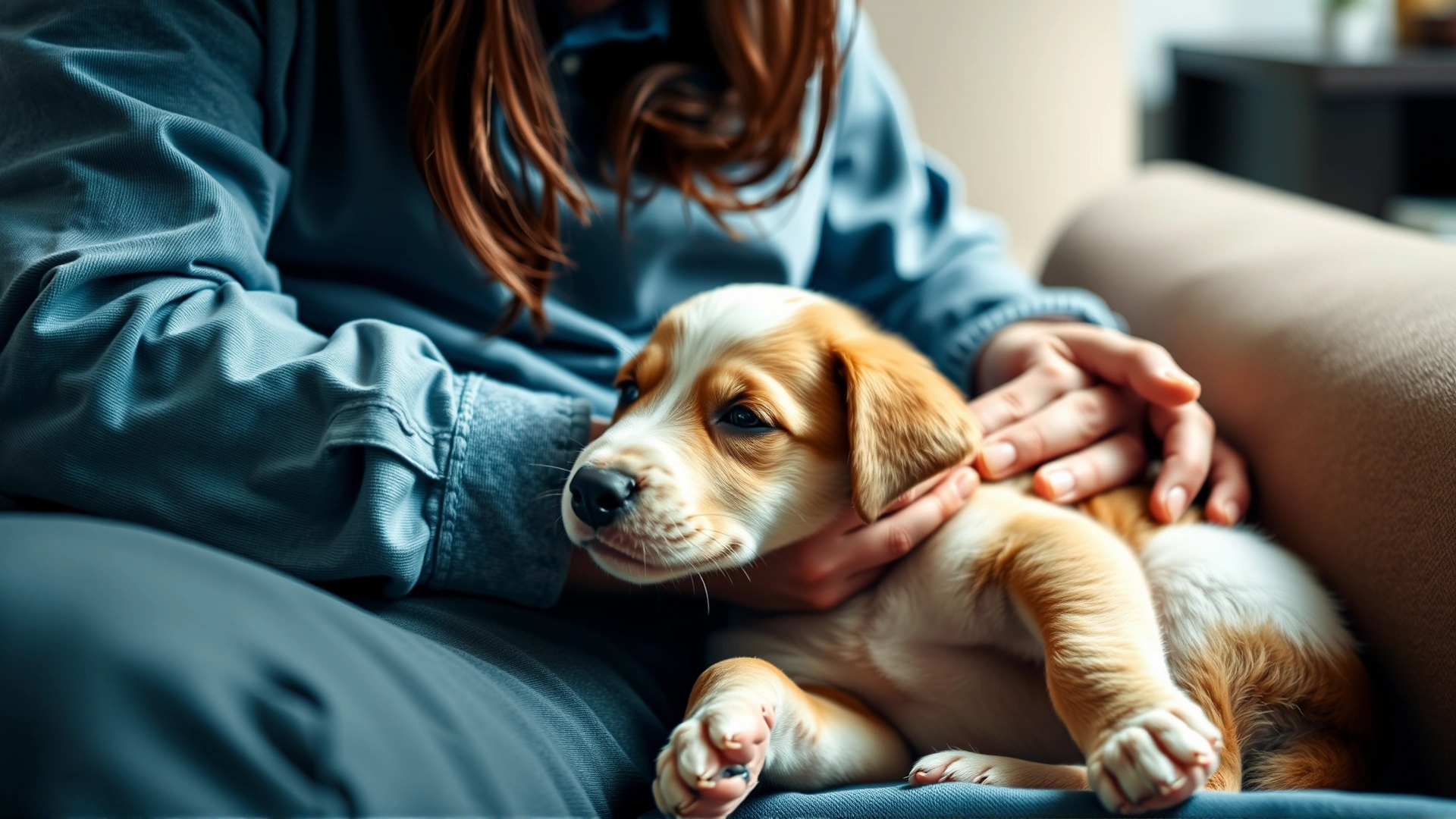 An owner gently hugging a relaxed puppy on a couch, showcasing the bond after successful training.