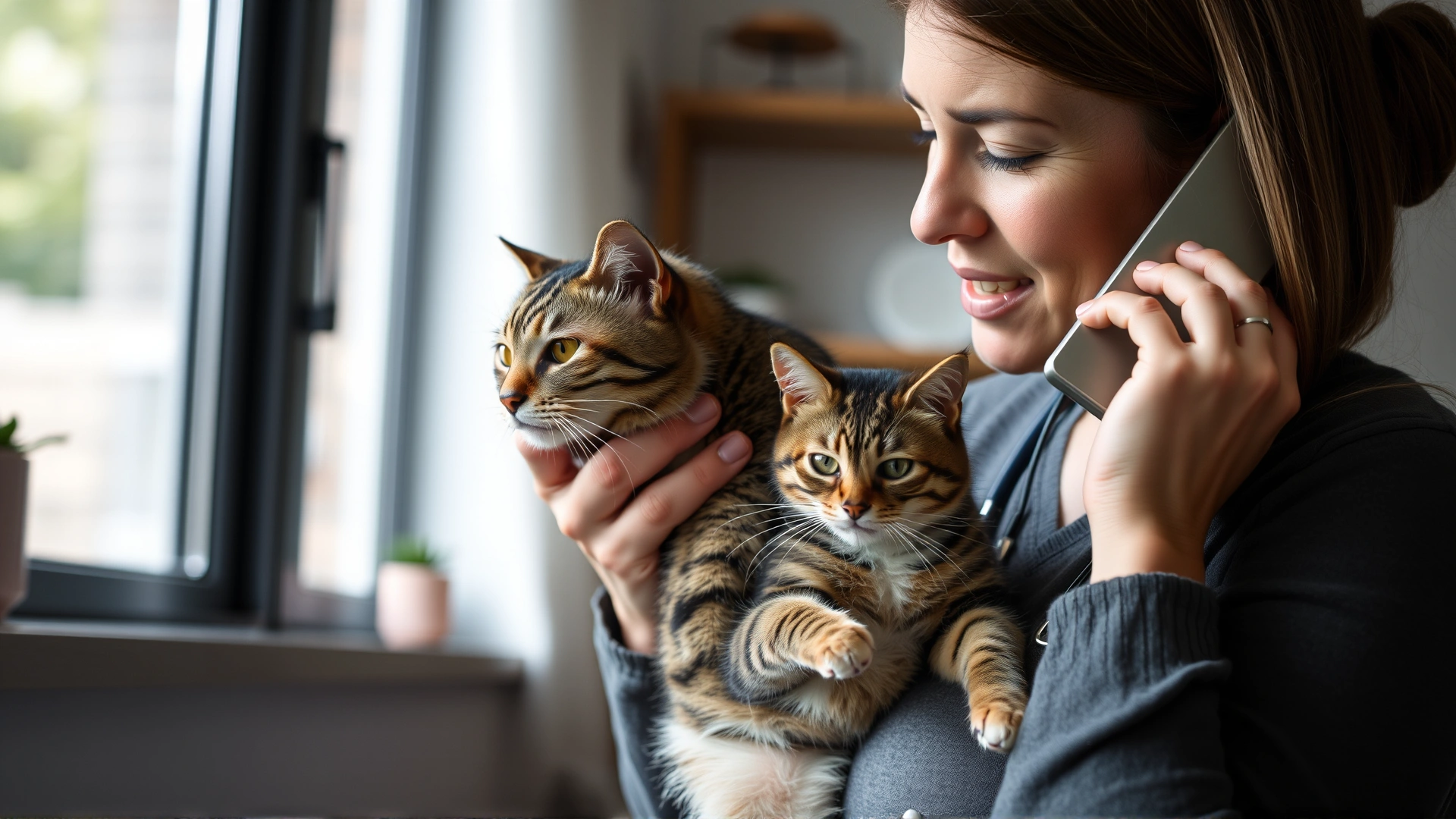 Concerned cat owner speaking on the phone with a veterinarian while gently holding a tabby cat indoors