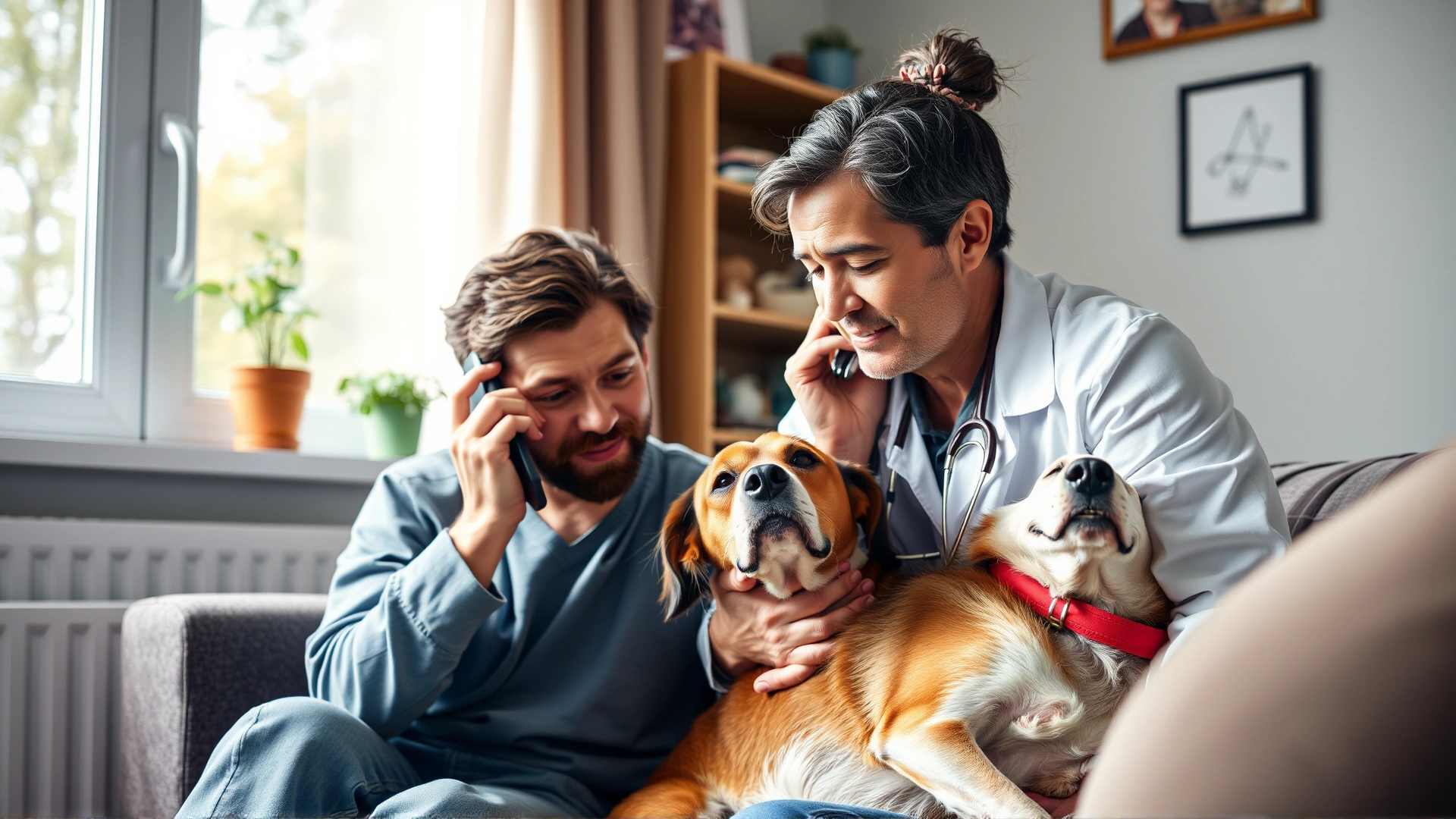 Pet owner on phone with veterinarian while comforting injured dog at home, daytime, realistic photo