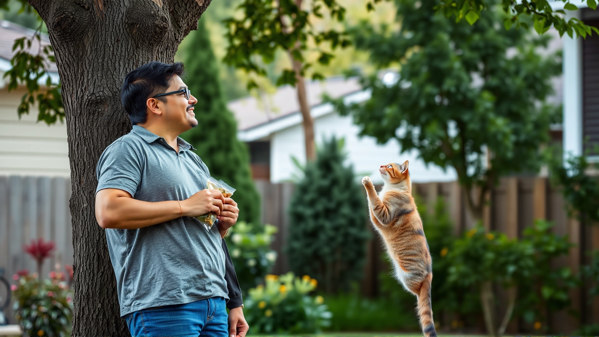 Pet owner standing at the base of a tree, holding a treat bag, looking up and calling their cat with gentle smile, suburban backyard