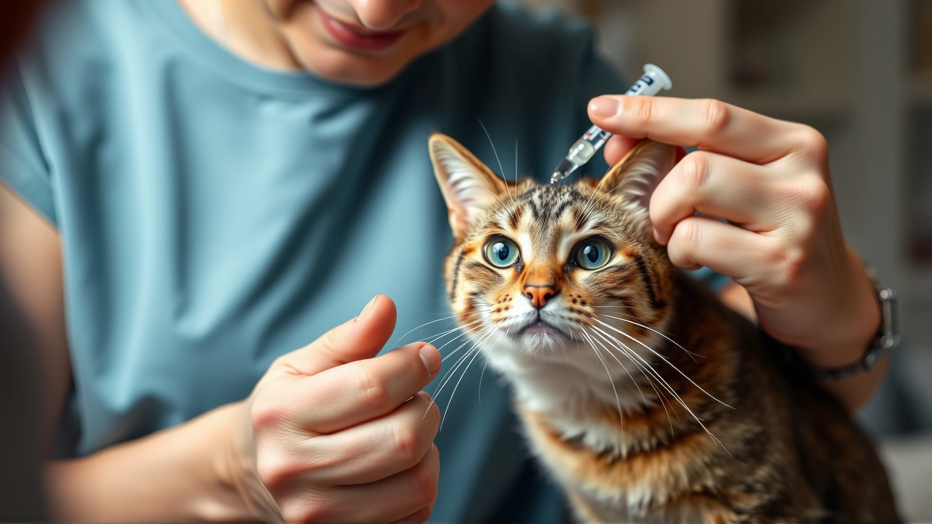 Pet owner administering liquid medication with a dropper syringe to a cooperative cat at home, illustrating supportive treatment