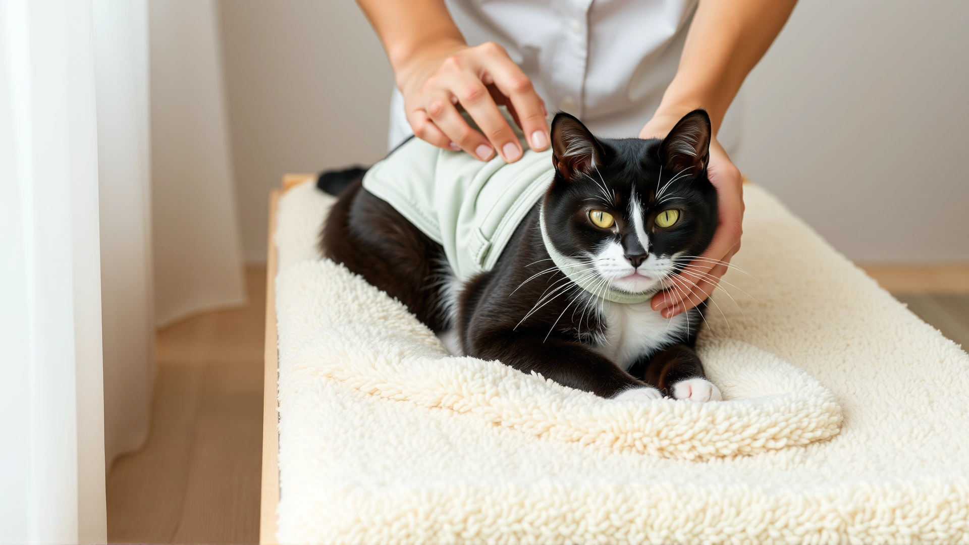 Cat owner placing a non-slip mat and arranging soft bedding for a black and white cat wearing a light compression wrap