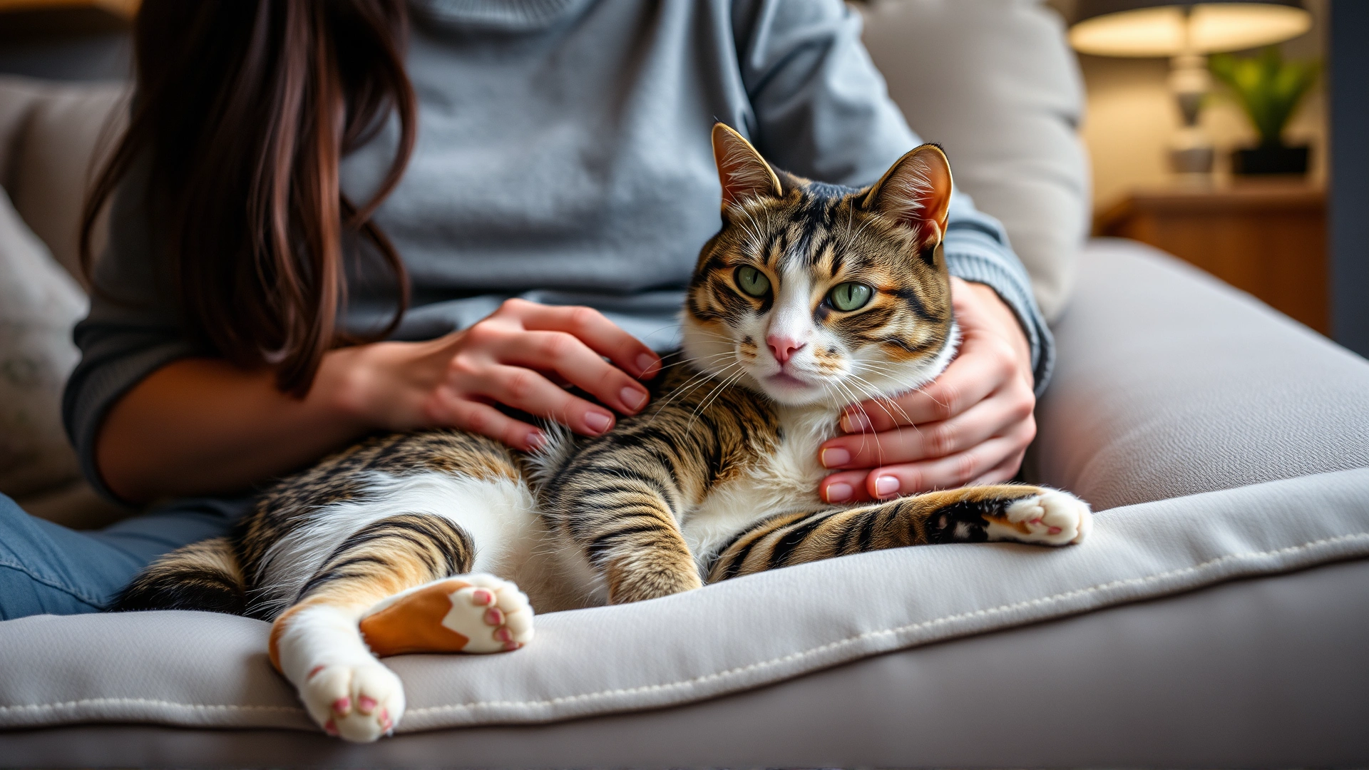 A cat owner gently petting a relaxed cat on a sofa in a cozy living room, conveying calm bonding time