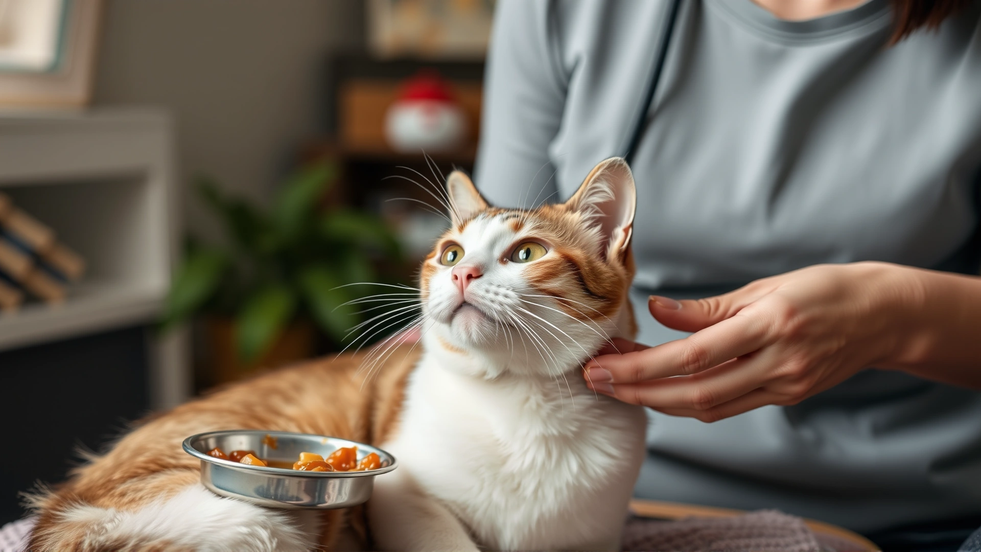 Cat owner gently offering a small portion of wet food to a recovering cat in a cozy home environment.