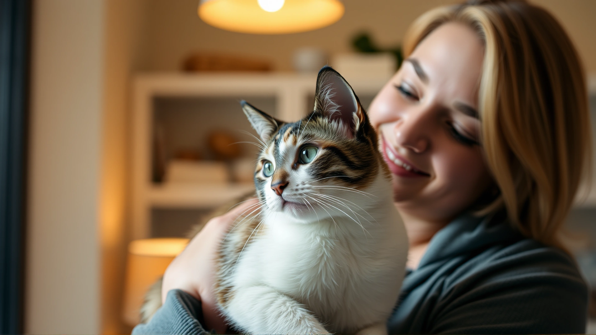 Pet owner gently holding a cat and making eye contact indoors, warm ambient lighting