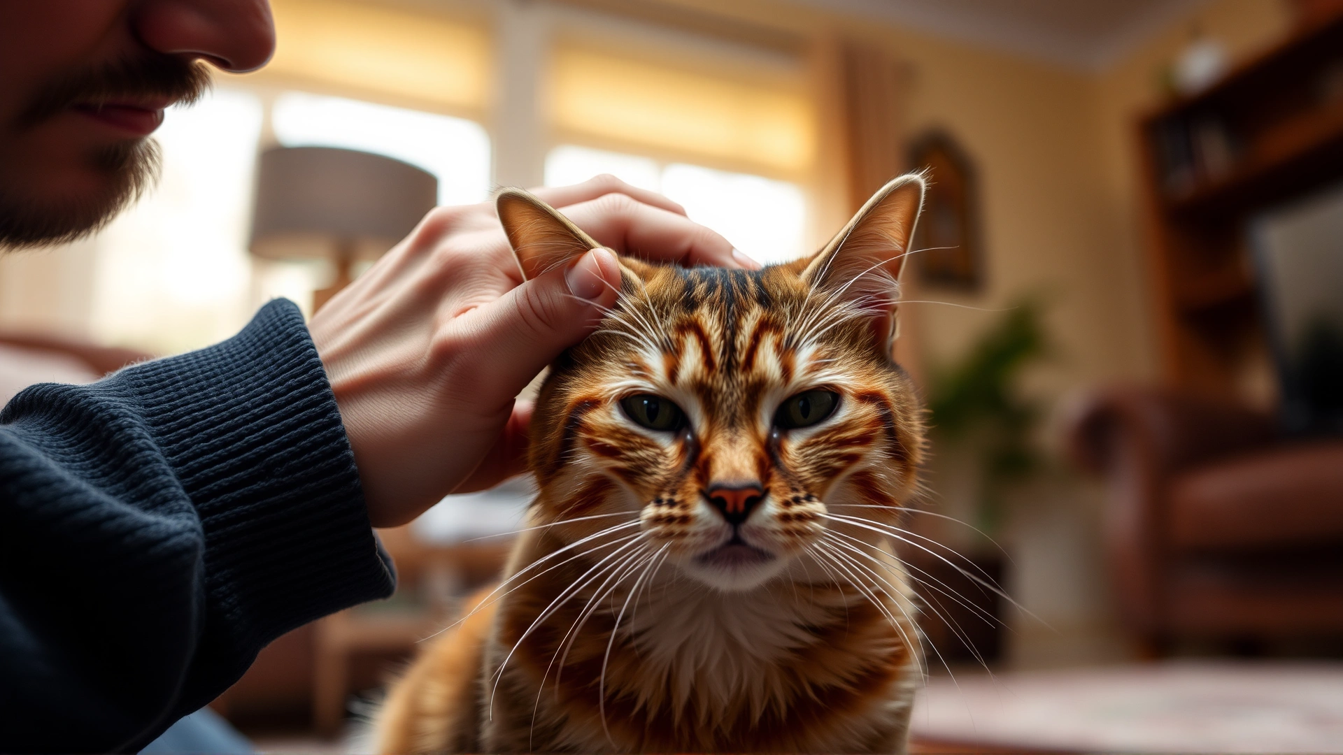 Owner gently petting a cat behind the ears after the cat headbutts, living room environment, warm tones