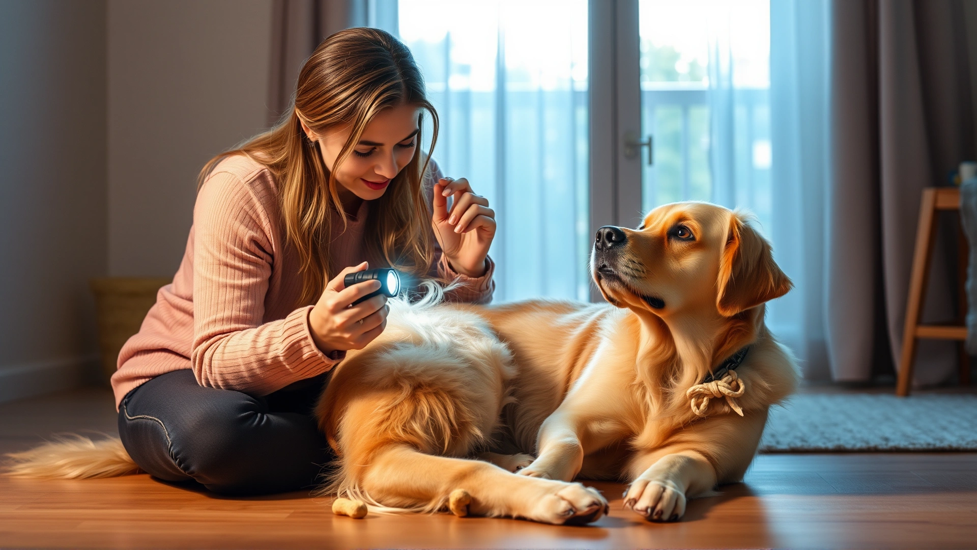 Female pet owner sitting on the floor with a flashlight and treat, calmly examining her golden retriever's ear in a well-lit home environment.