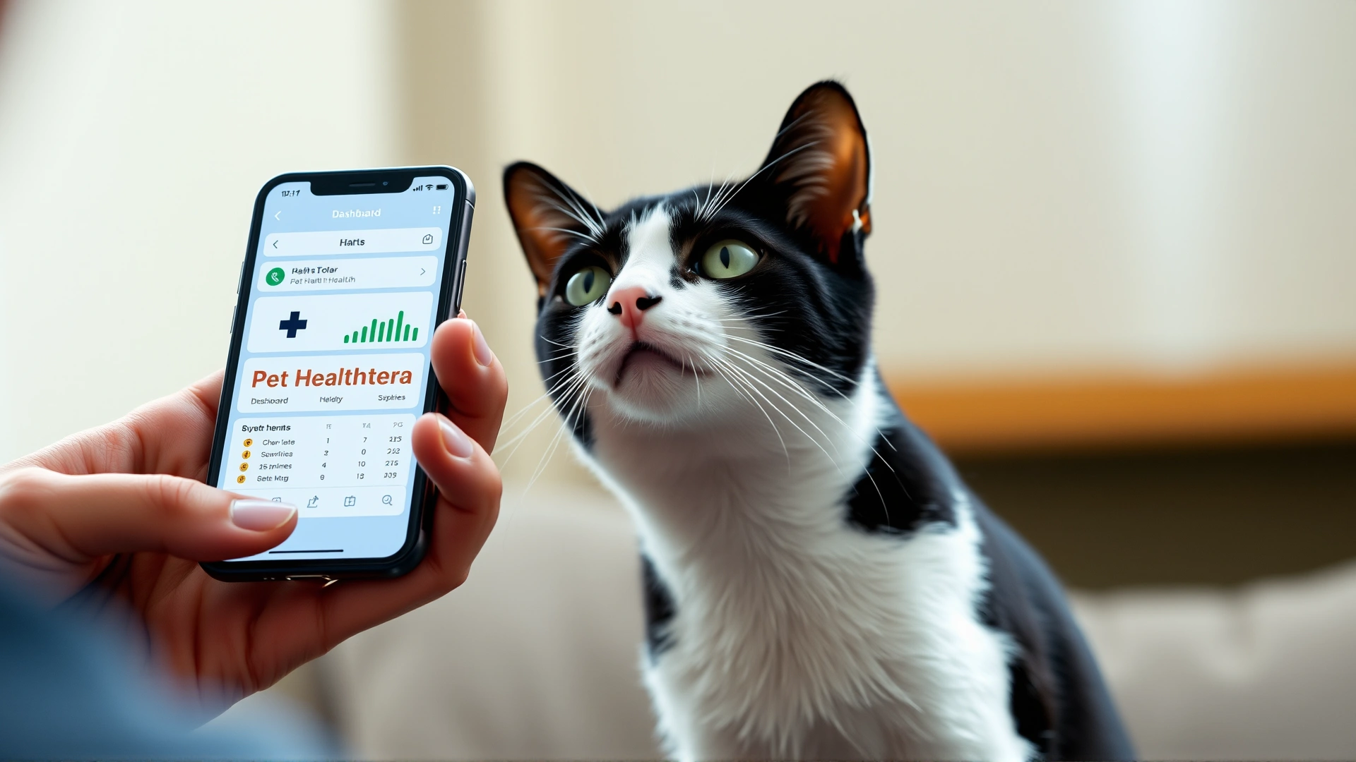 Cat owner holding a smartphone showing a pet health dashboard app, while their black-and-white cat looks up curiously in the background.