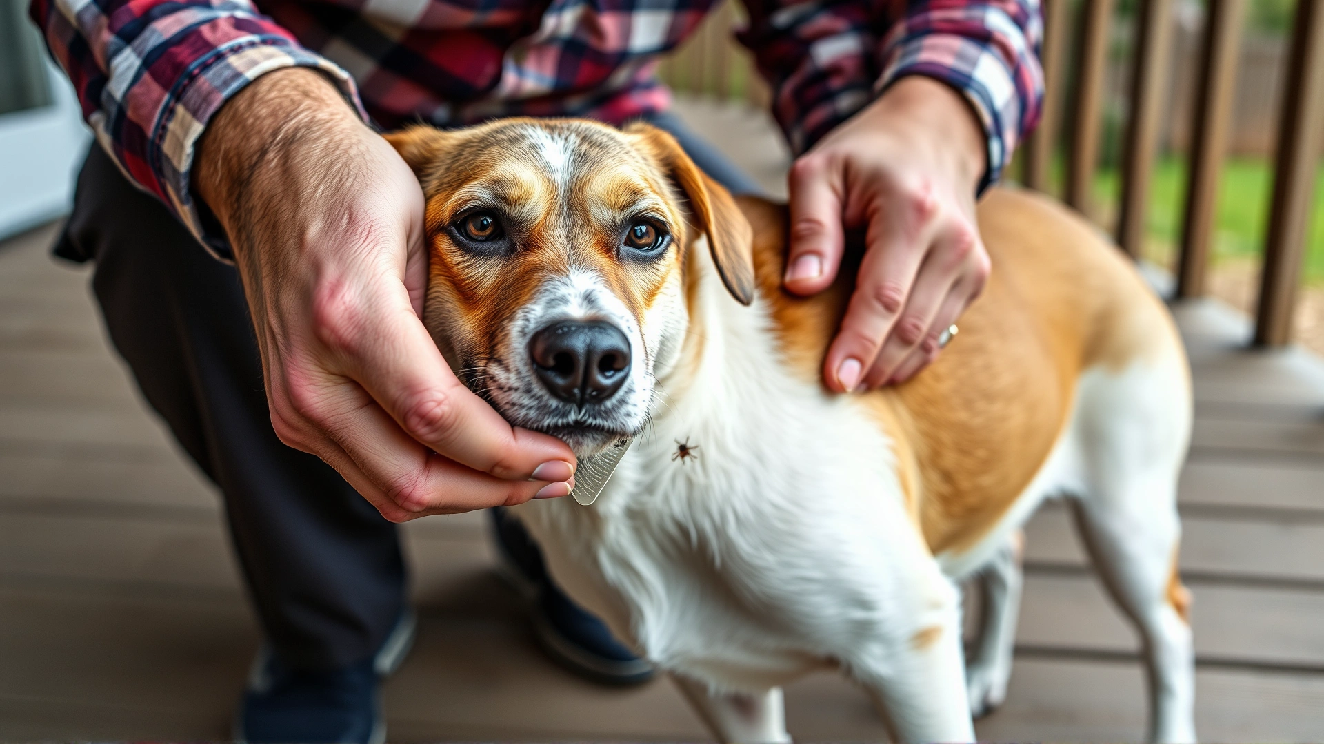 Dog owner using a fine-tooth comb to inspect their dog’s fur for ticks on a wooden porch.