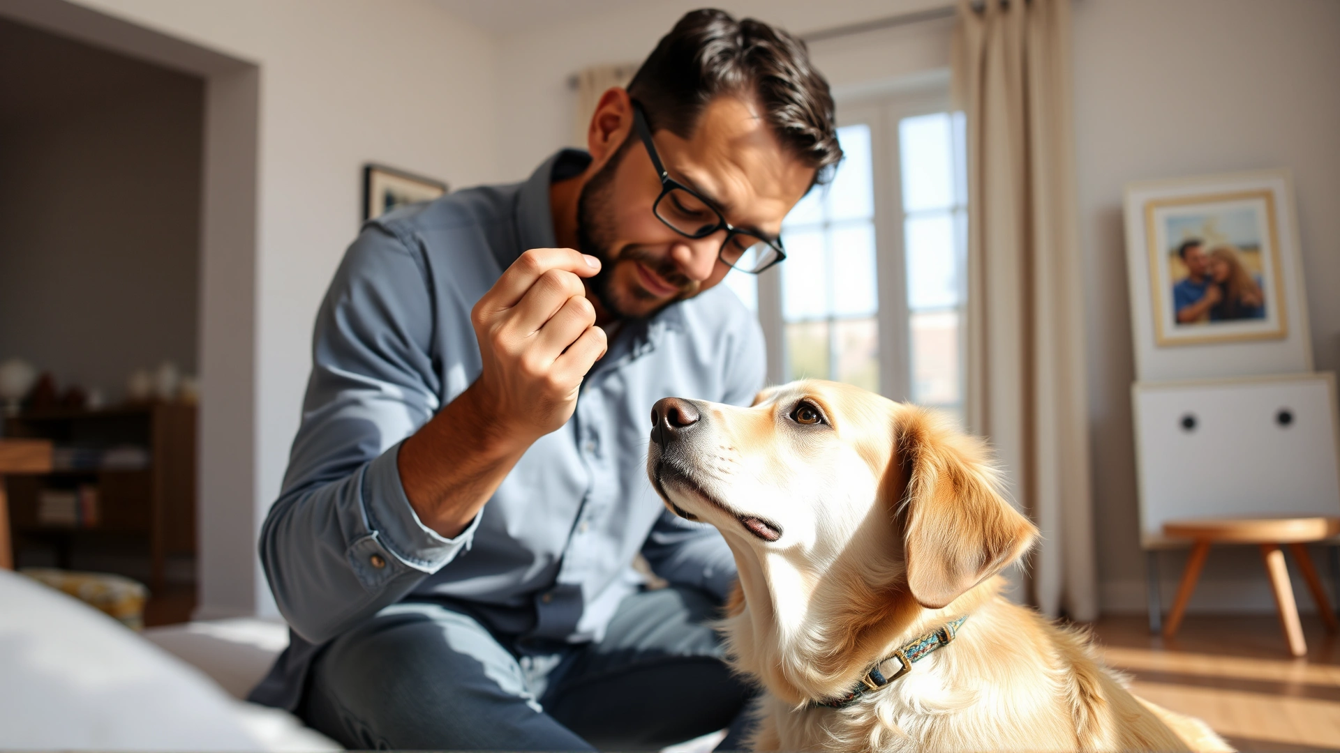 Owner gently lifting dog ear to inspect canal in bright living room, emphasis on calm interaction