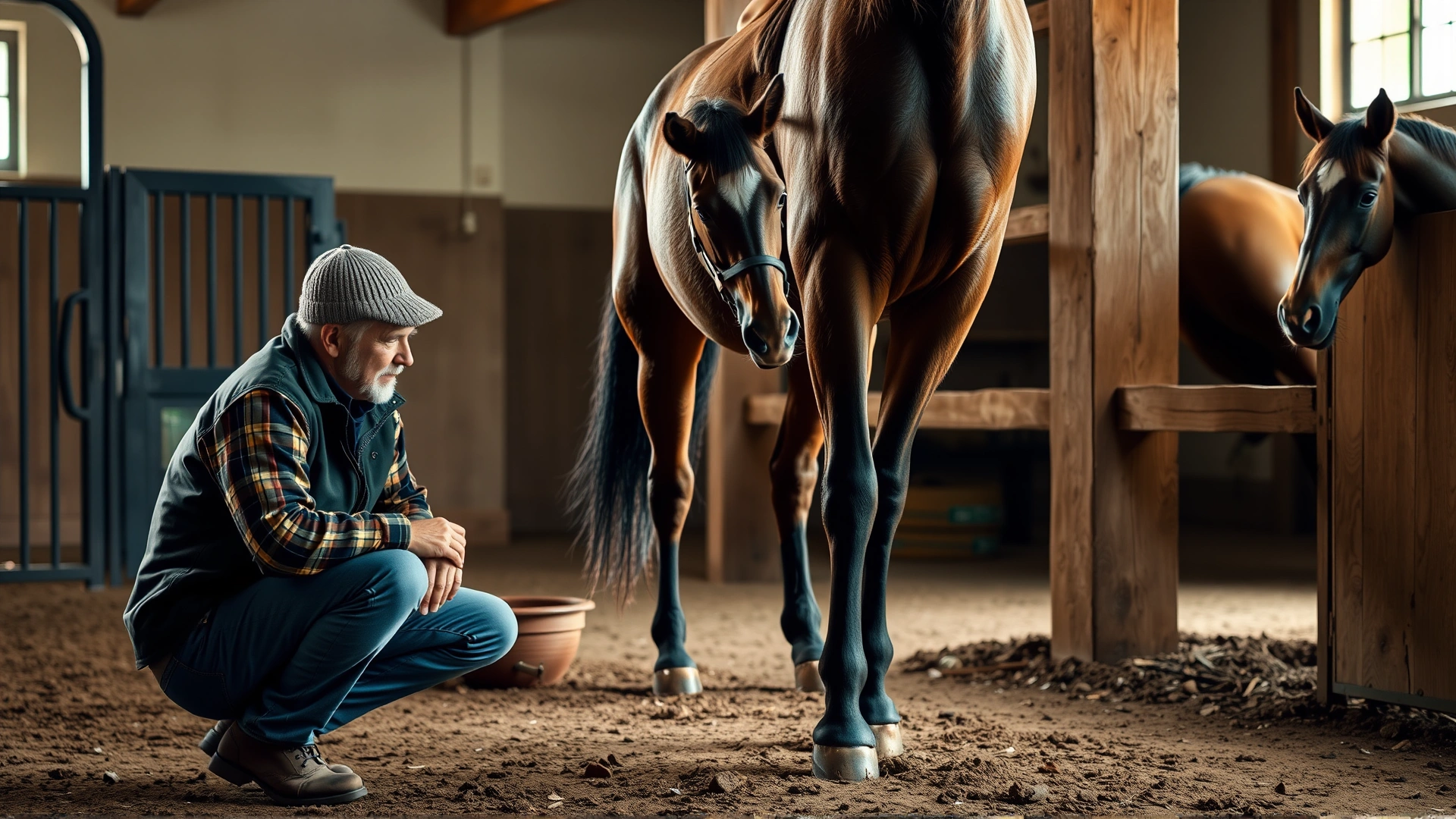 Stable scene where an owner crouches to inspect a horse's front hoof, indoor warm lighting, no text