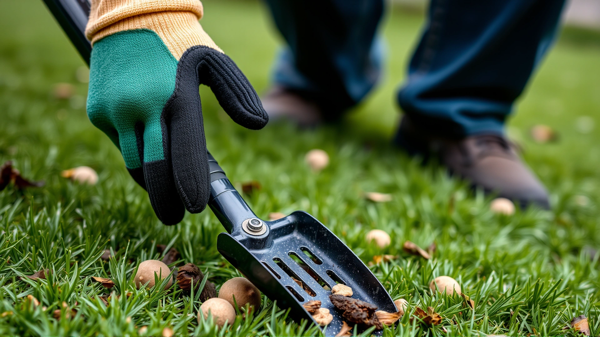Person wearing garden gloves using a pooper scooper to pick up dog feces on lawn