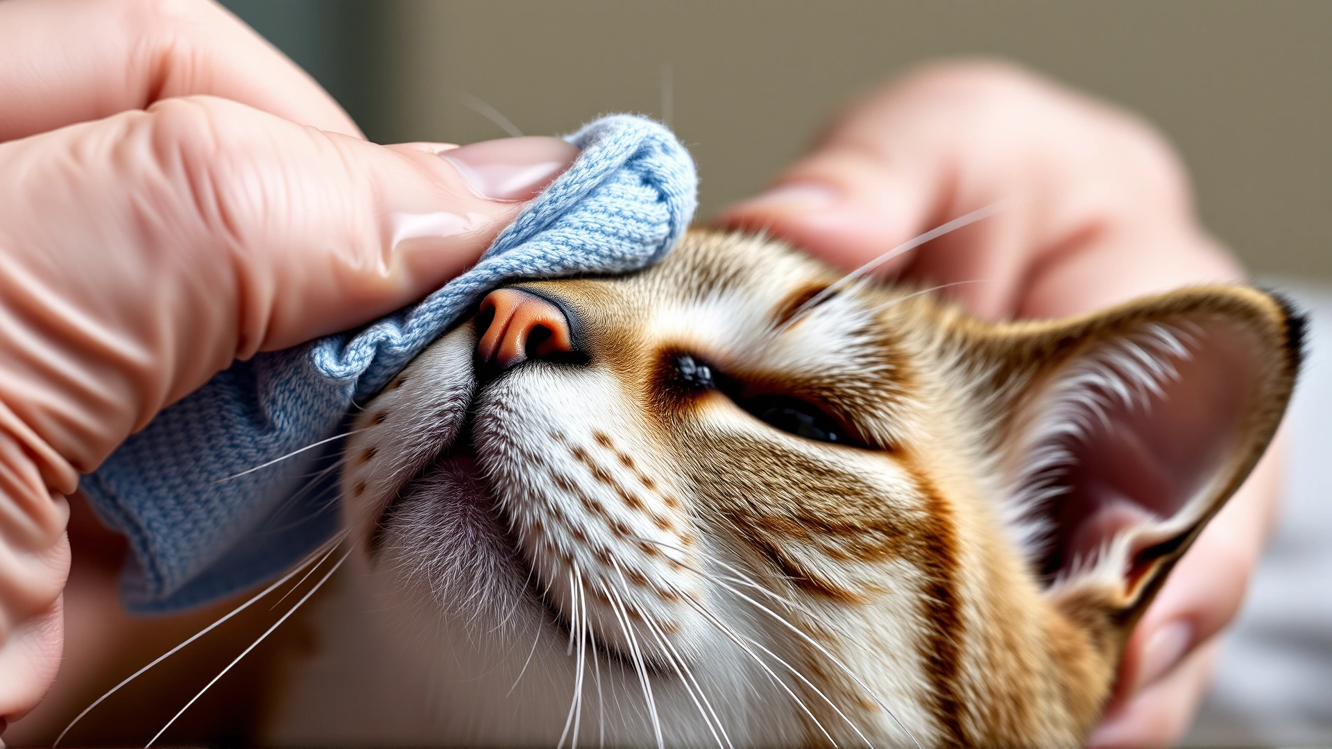Person using a damp cloth to clean skin folds on a flat-faced cat's nose bridge, demonstrating daily care routine, high-resolution close-up.