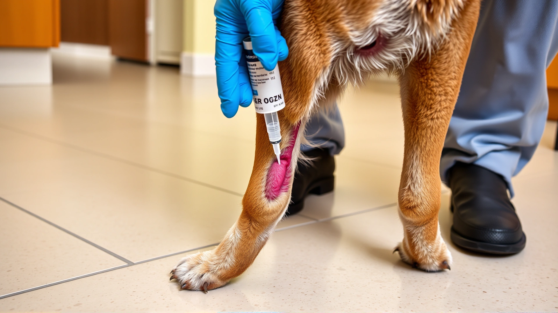 Close-up of a person's gloved hands gently flushing a dog's hind leg wound with a syringe of saline solution, indoors on a tiled floor