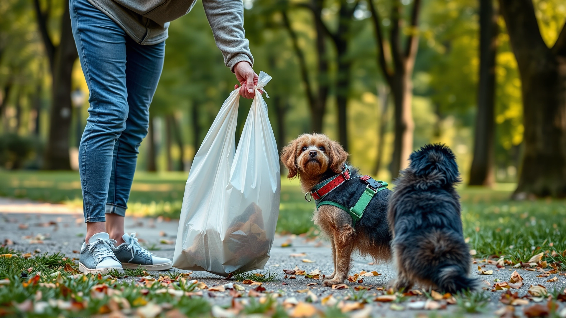 Pet owner wearing casual clothes using a biodegradable bag to pick up dog waste in a park, dog on leash watching, eco-friendly context.