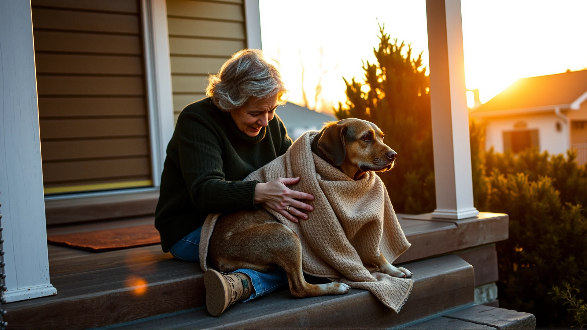 Owner sitting on porch steps cradling her aging dog wrapped in a soft blanket during sunset, golden hour lighting, emotional atmosphere.