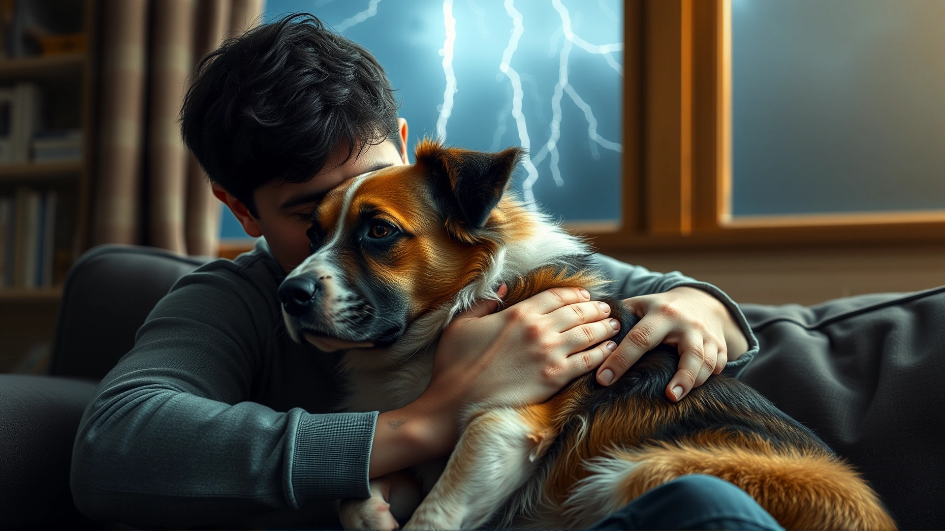 A pet owner gently hugging a trembling dog on a couch while thunderstorm lights illuminate the room through a window.
