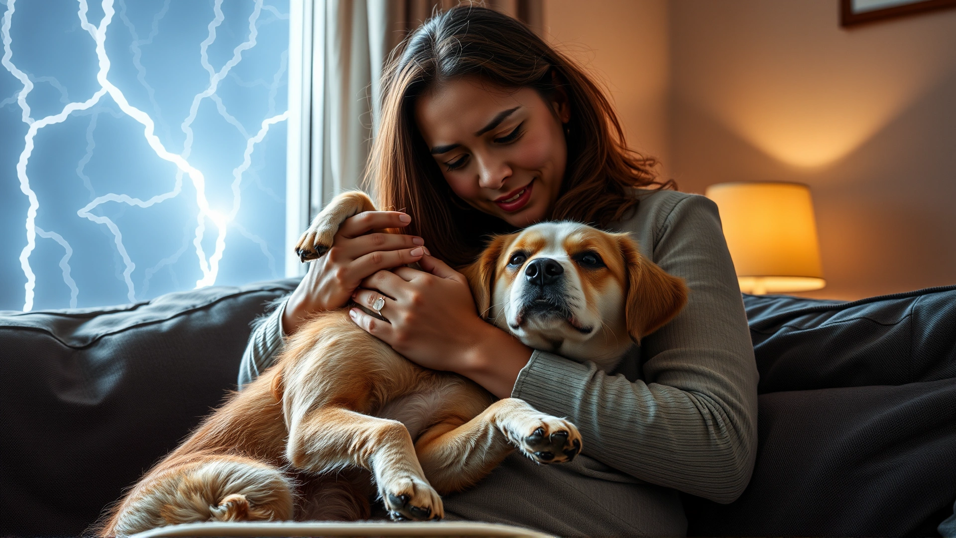 Pet owner gently holding and comforting their dog on the couch while lightning flashes outside a closed window, emphasizing human support.