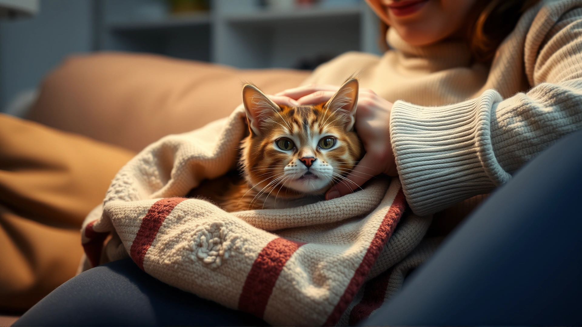 Pet owner gently wrapping a frightened cat in a soft blanket on the sofa, warm indoor lighting, comforting atmosphere, realistic style, no text