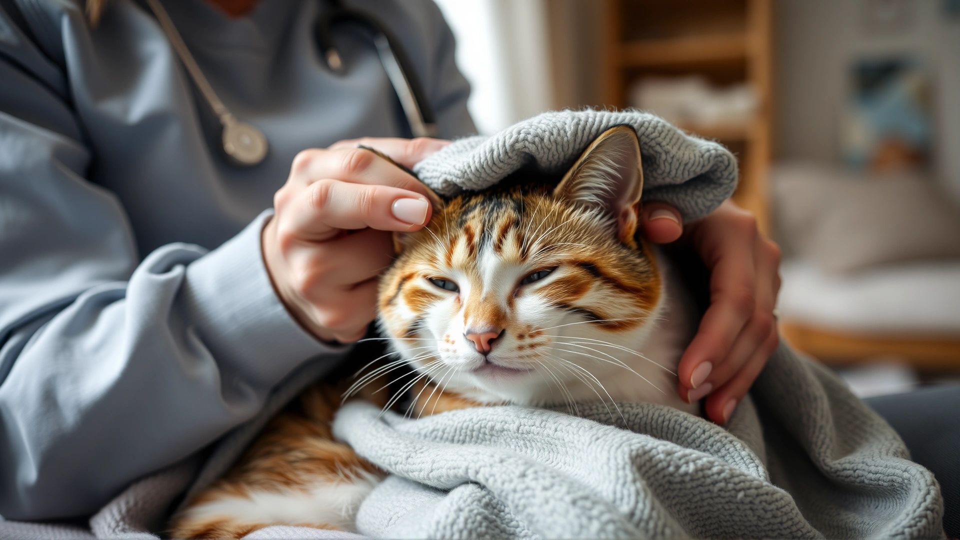 Pet owner gently wrapping a soft blanket around a recovering cat in a quiet home environment