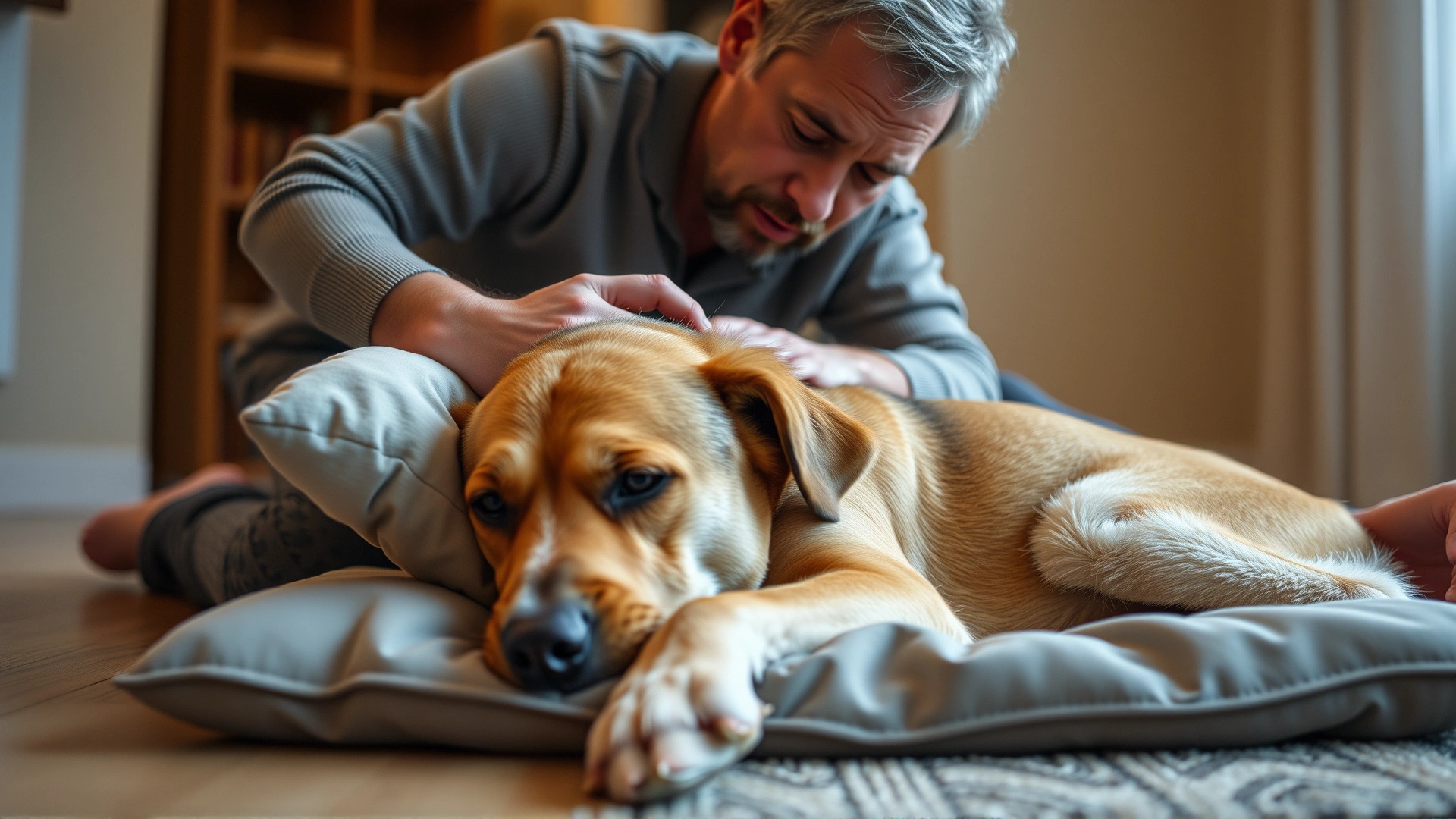 Owner gently supporting their dog with a pillow during a seizure recovery phase on the floor, warm home lighting.