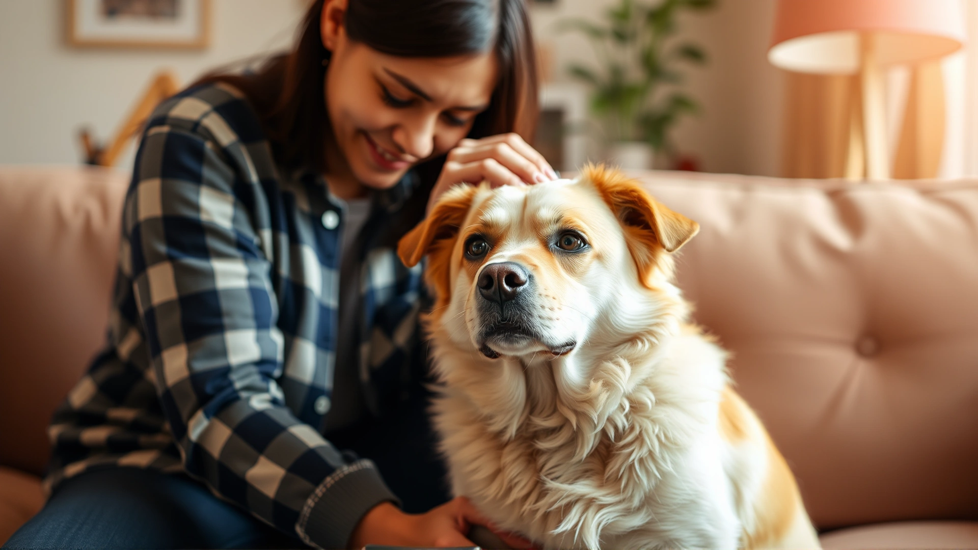 Image of a dog owner gently reassuring a medium-sized dog by petting its head on a living room couch, warm and comforting atmosphere.