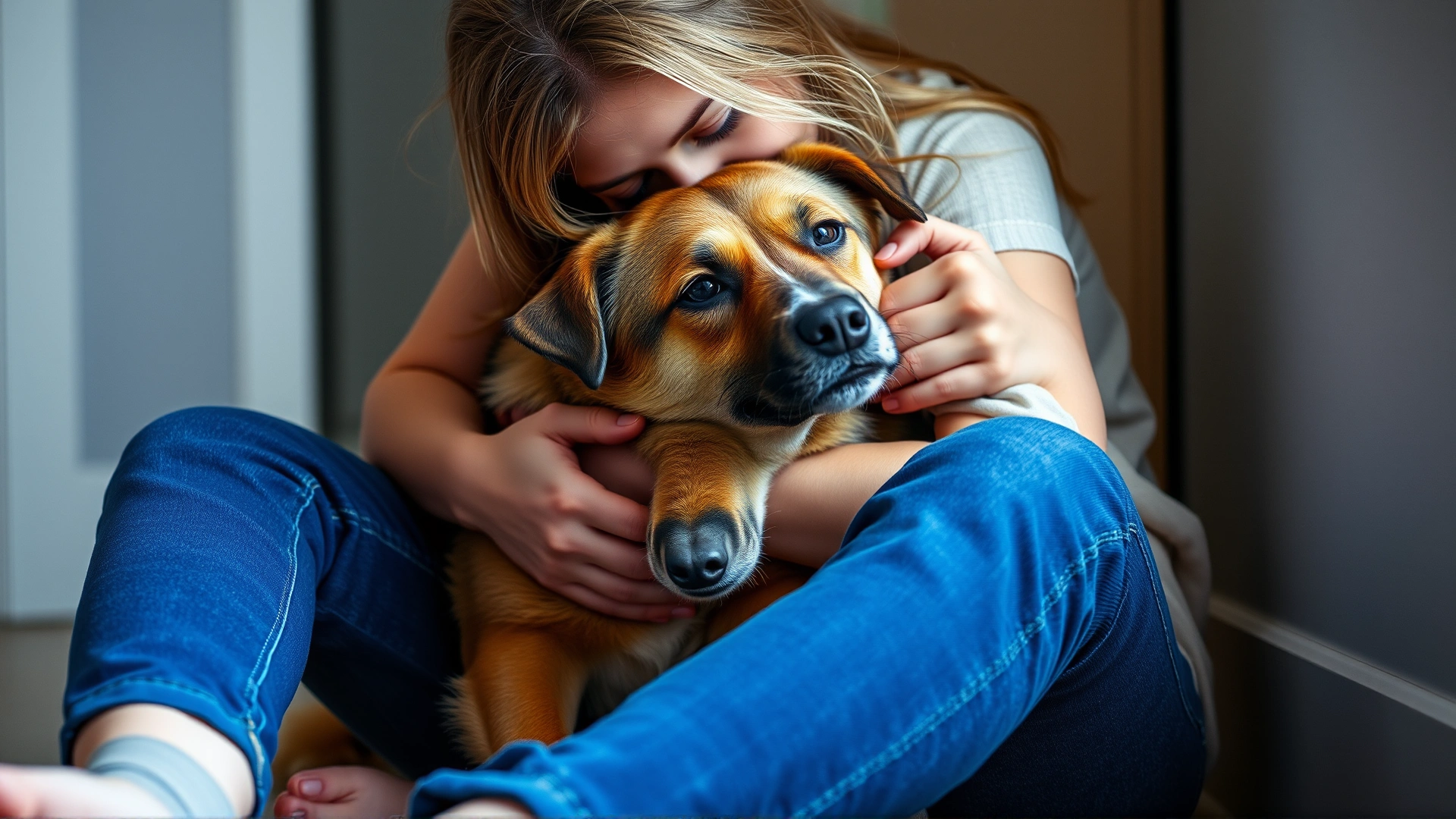 A young woman gently hugging her medium-sized mixed-breed dog, sitting on the floor with comforting posture.