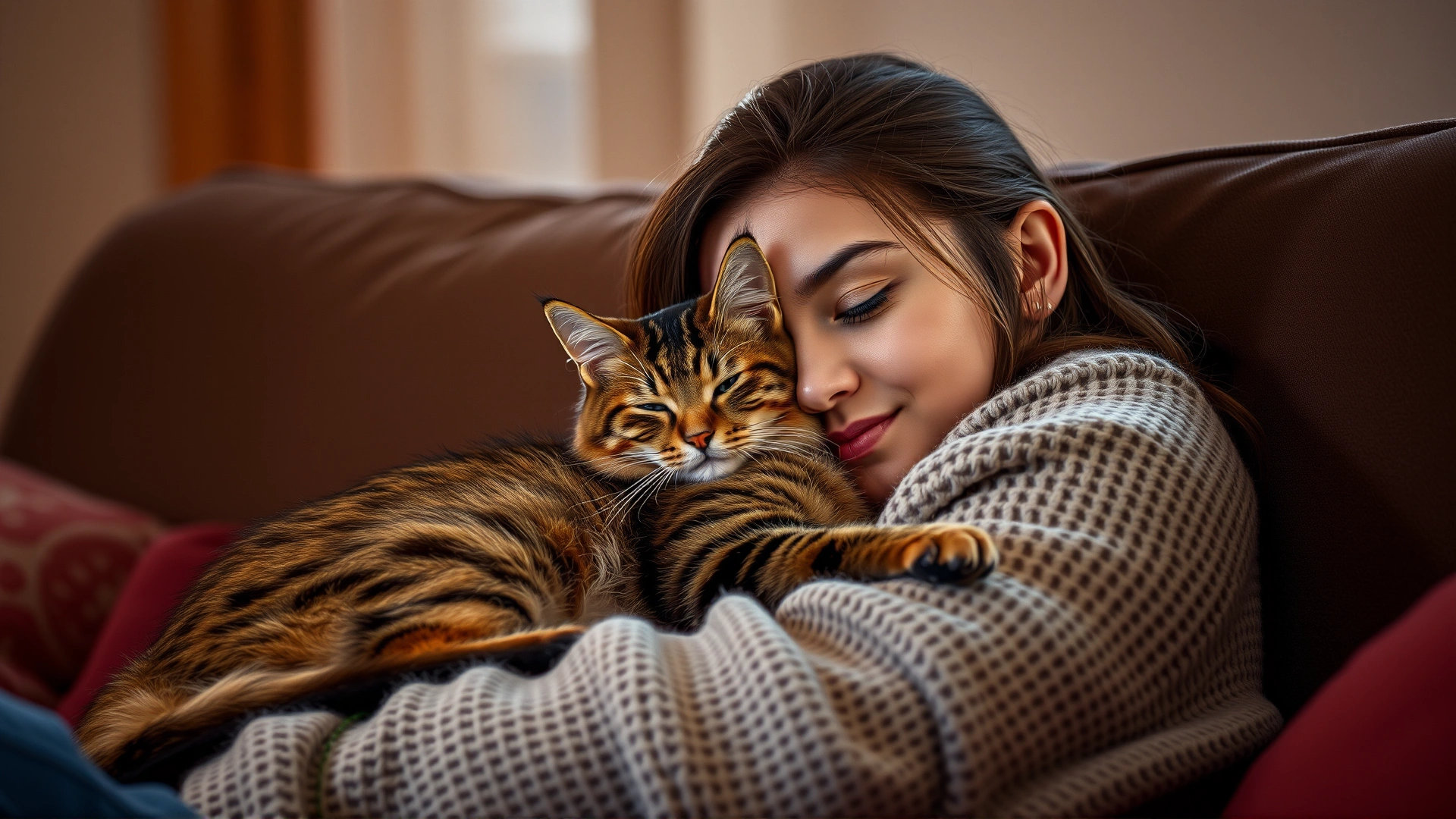 Young woman cuddling a relaxed Kashmir cat on a sofa in warm ambient lighting