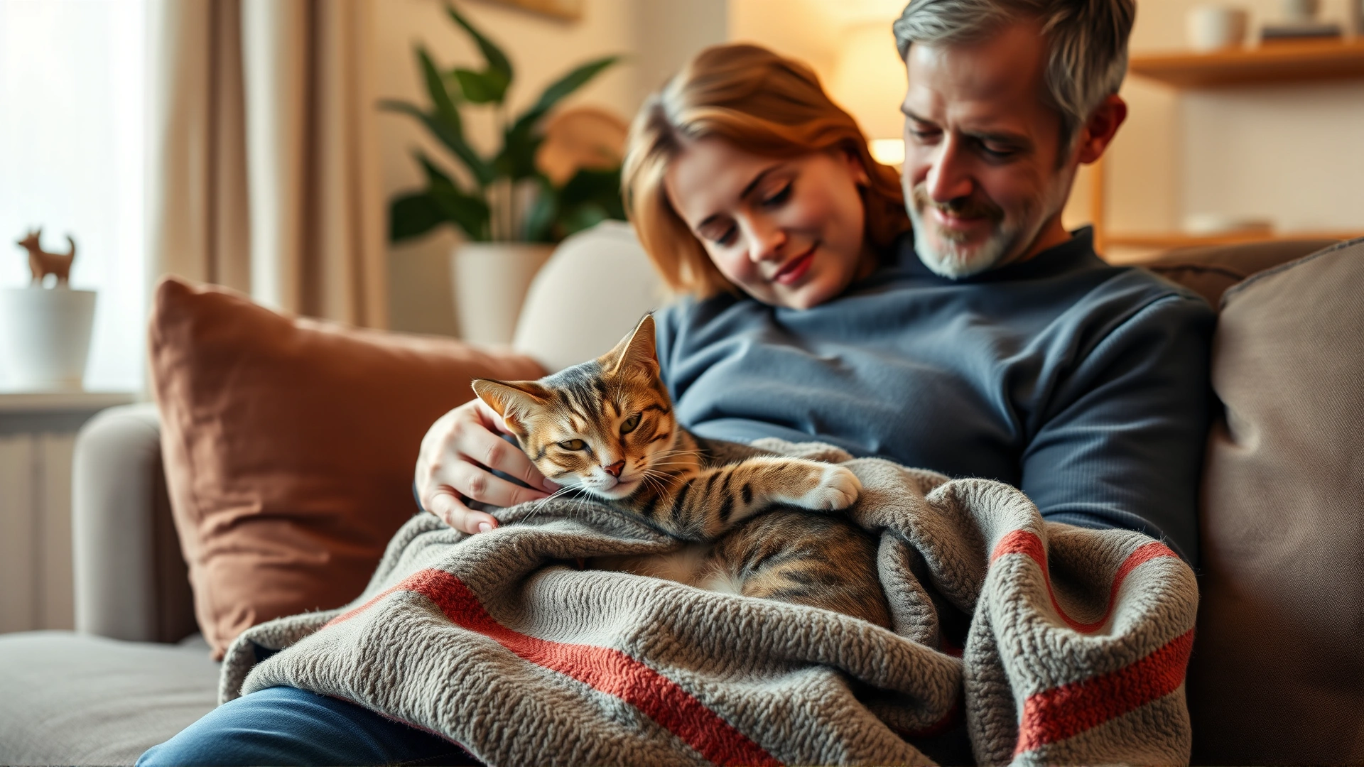 Warm home environment with a pet owner gently cuddling a recovering cat in a blanket on a couch, soft lighting, no text