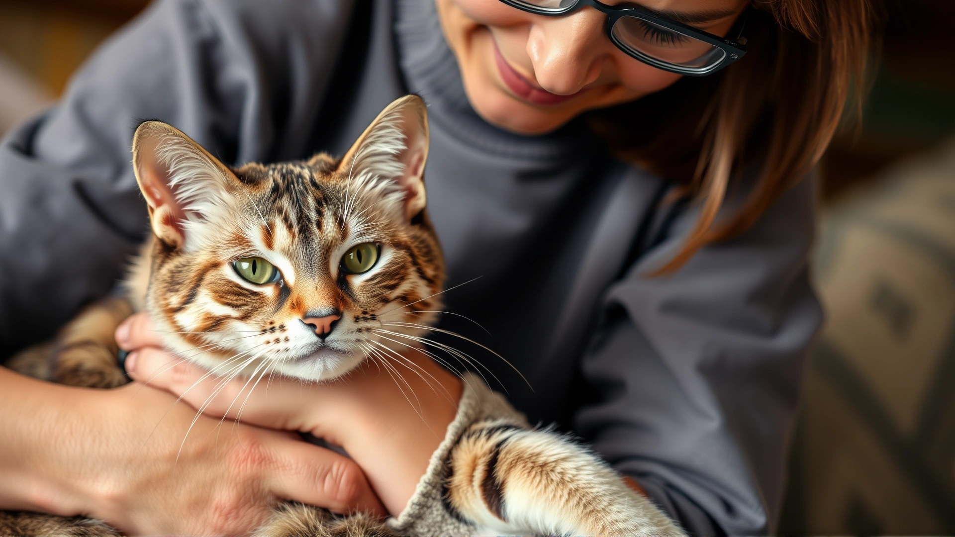 Warm photo of a pet owner gently cuddling an elderly cat at home, representing aftercare and monitoring.