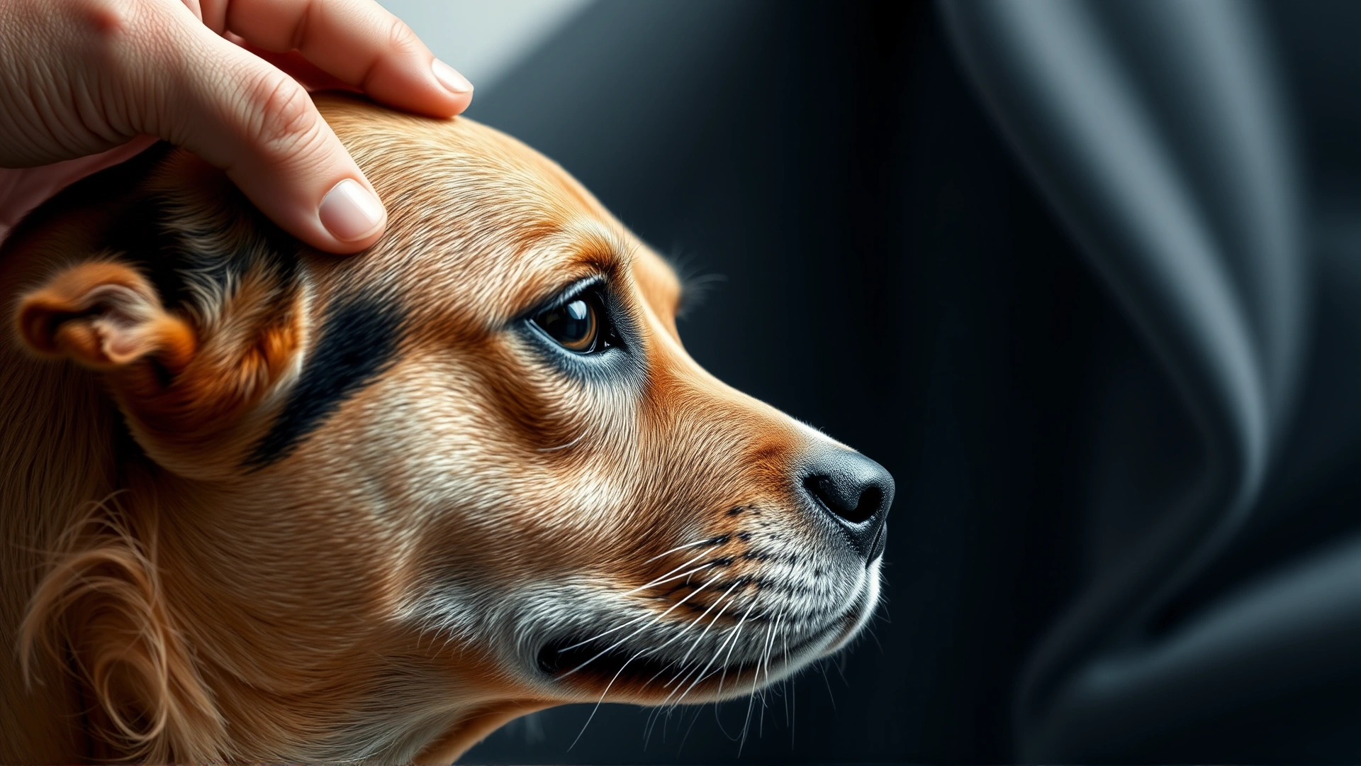 Close-up shot of an owner gently stroking their dog's head while both make eye contact, conveying deep emotional connection.