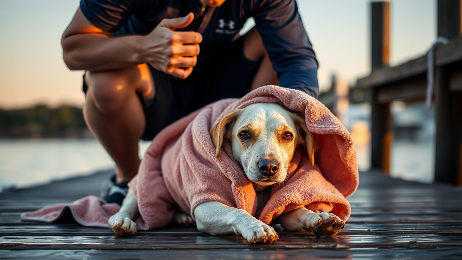 Owner crouching to hug a wet dog wrapped in a towel after a successful dock dive, warm sunset light.