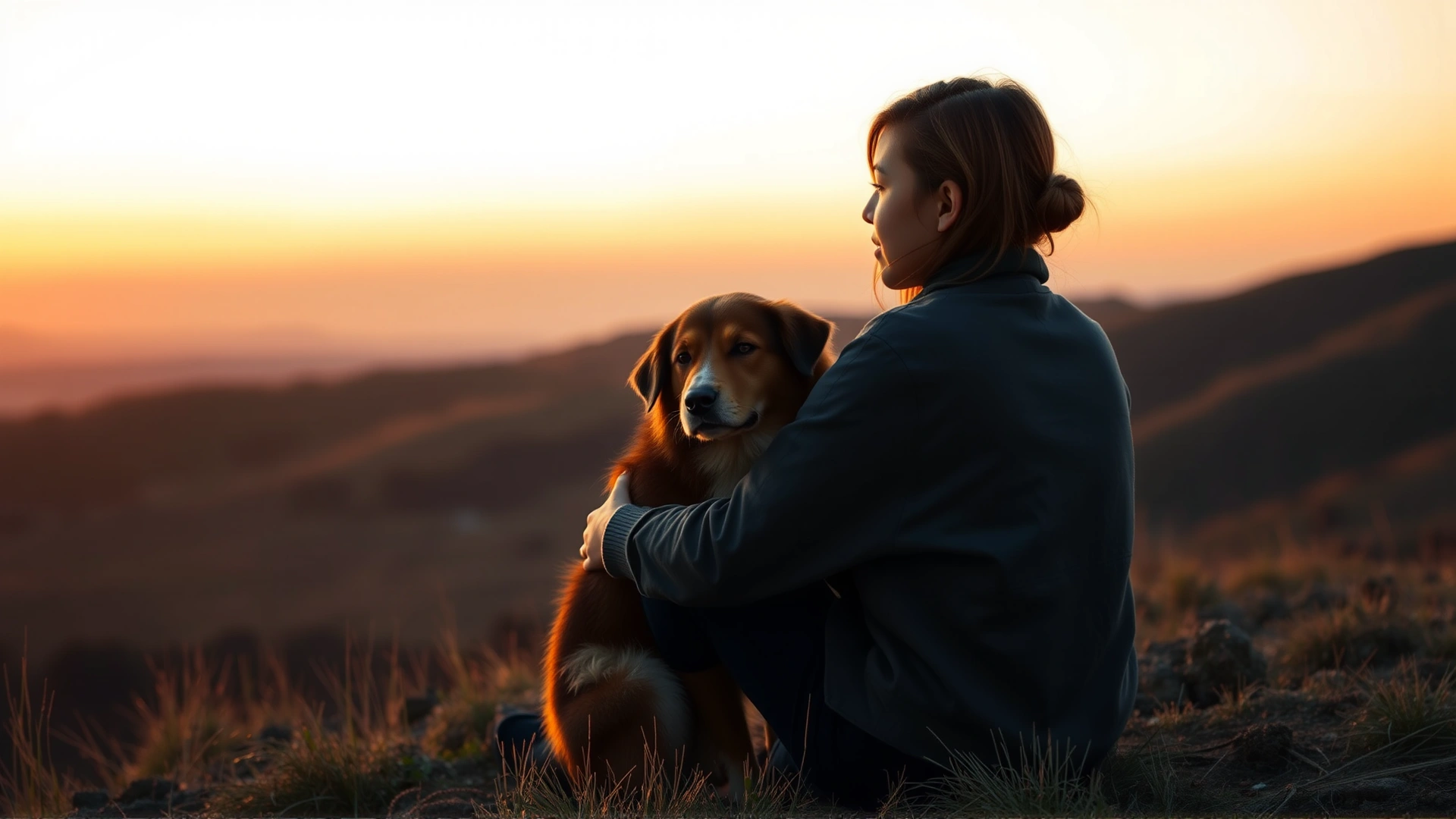 Young woman sitting on a hill at sunset hugging her dog, warm orange tones conveying companionship and affection.
