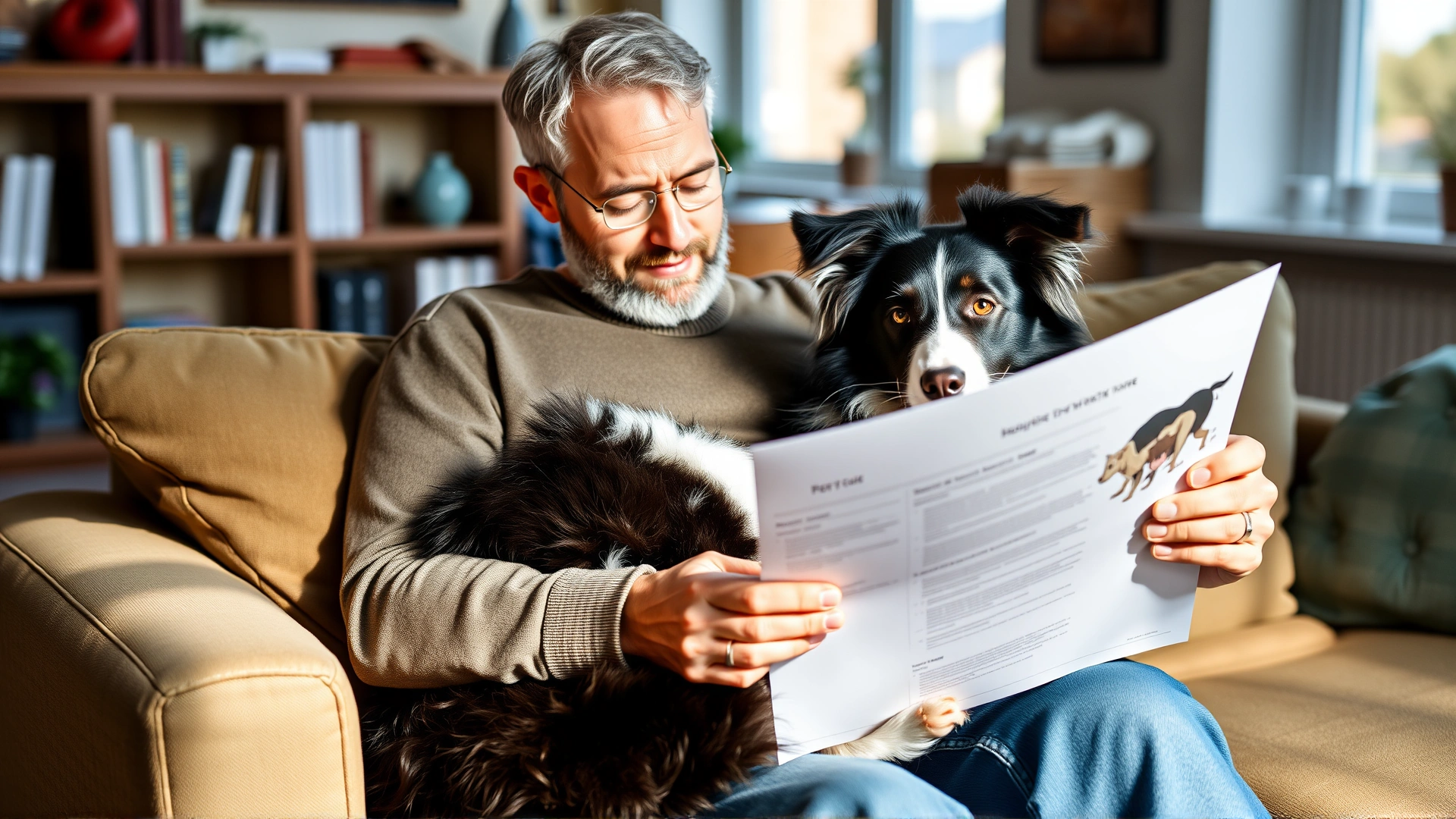 Dog owner sitting on a sofa cuddling a Border Collie while reviewing a printed veterinary report, cozy home environment, natural daylight
