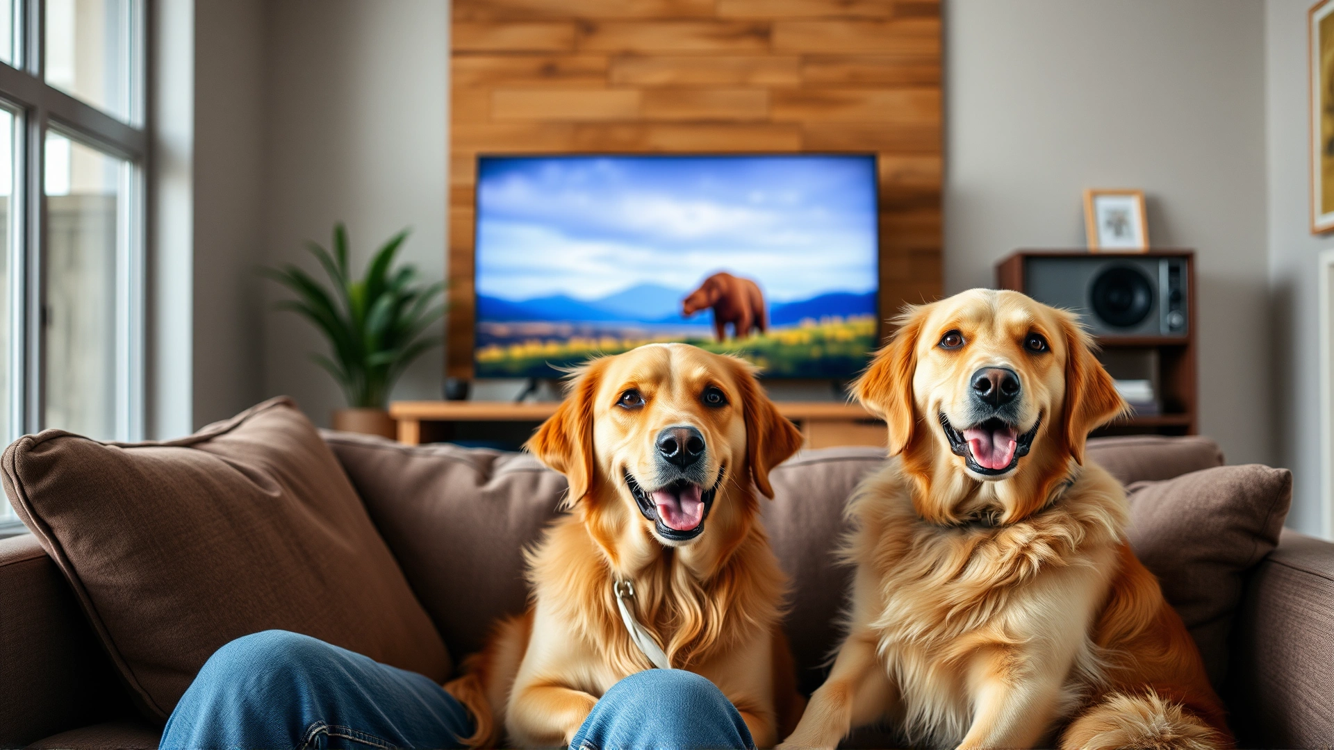 Smiling owner and golden retriever sitting together on a couch enjoying a calm TV show about nature.