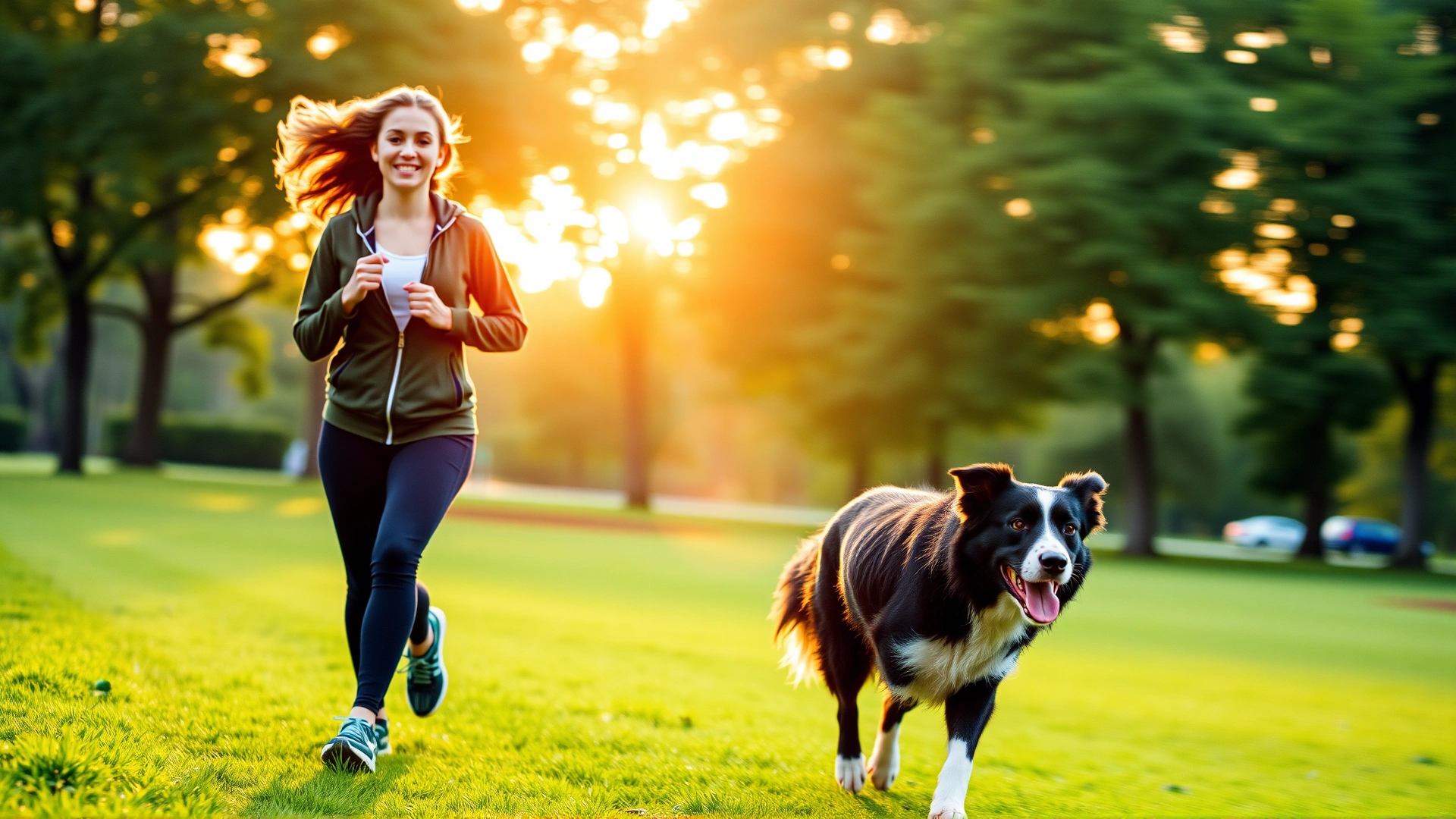 Young woman jogging with her Border Collie through a green park at sunset, both looking energetic and happy, motion blur background