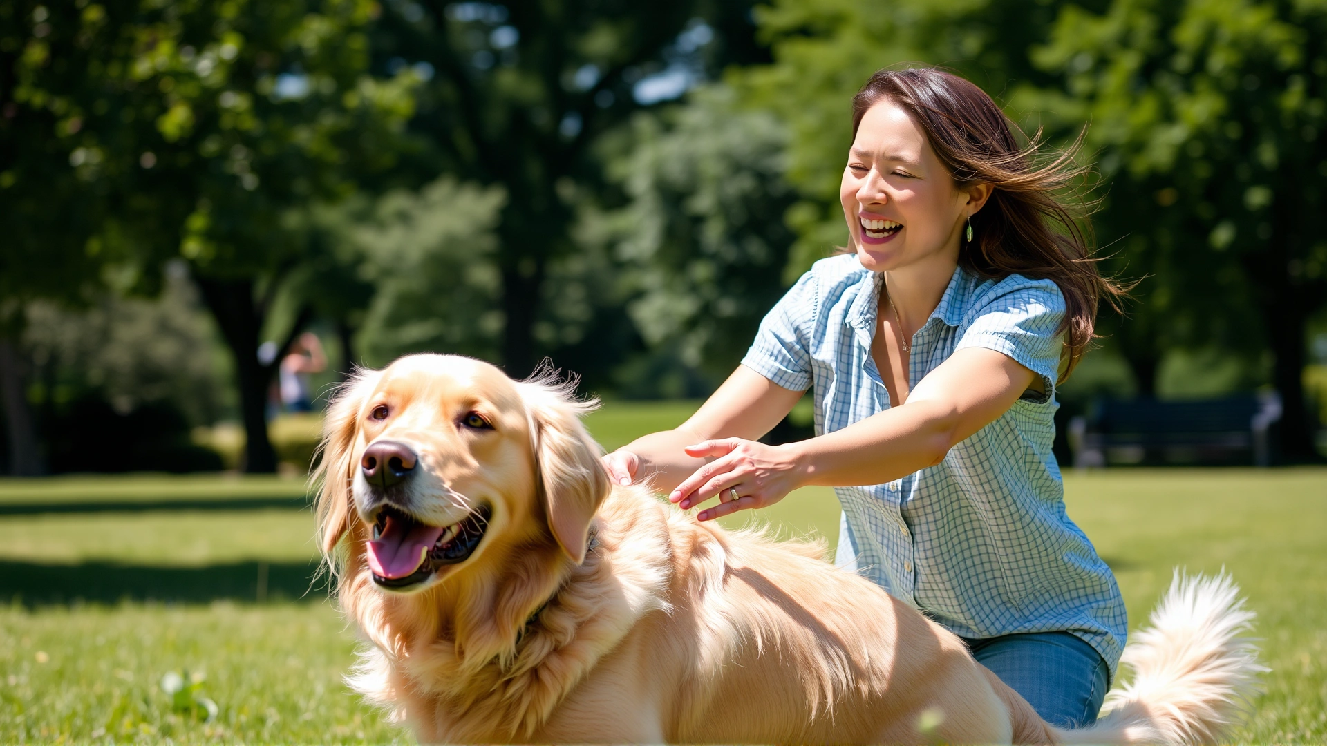 Woman playing with her golden retriever at a sunny park, both looking carefree, illustrating peace of mind provided by insurance.